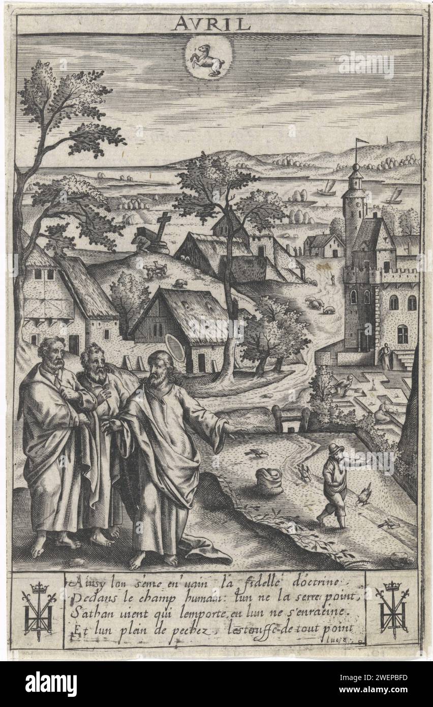 April, Jan Gerritsz Swelinck, 1624 – 1645 Druck in einer Landschaft mit einer Burg und einigen Bauernhöfen weist Christus seine Zuschauer auf einen Mann, der die Felder sät. In der Luft das Symbol für das Sternbild Stier. Unter dem Druck vier Verse in französischer Sprache mit einem Hinweis auf Luc. 8 (Gleichnis vom Sämann). Eine Druckermarke auf beiden Seiten des Textes. Print ist Teil einer Serie mit den Monaten des Jahres, in der Szenen aus dem Neuen Testament dargestellt werden. Auf der Rückseite in Rot und Schwarz ein Kalender des betreffenden Monats im Buchdruck. Papiergravur/Buchdruck April; „Aprile“ (Ripa). Stier (zo Stockfoto