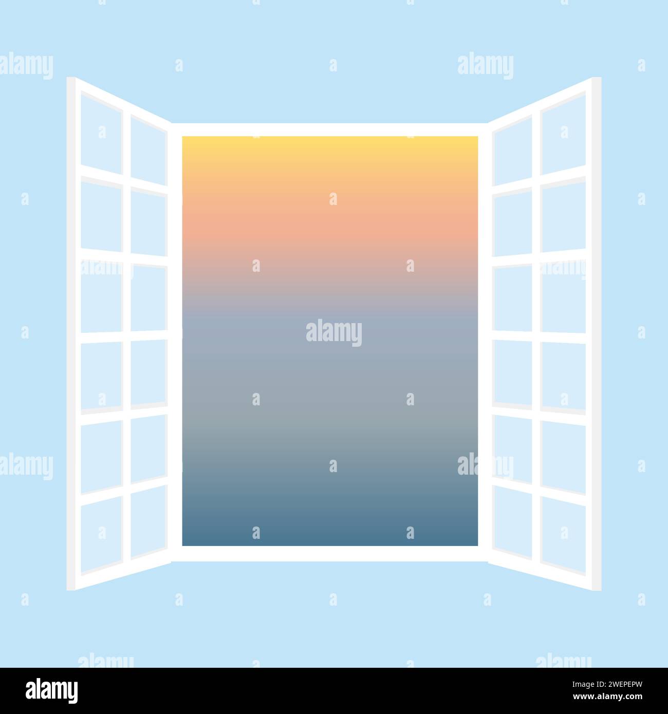 Offenes Fenster Und Sonnenuntergang Blick Vom Zimmer Mit Blauer Wand Vektor Illustration Stock Vektor