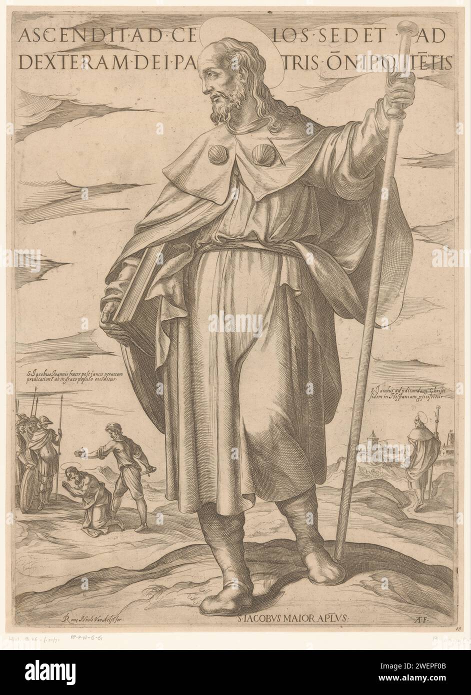Der Heilige Jakobus der Vorgesetzte, Antonio Tempesta, 1565 - 1630 Druck der Heilige Jakobus der Vorgesetzte mit Pilgerpersonal und Buch. Im Hintergrund links wird James von einem Soldaten mit einem Schwert enthauptet. Im Hintergrund rechts läuft James durch eine Landschaft. Papier, das den Apostel Jakob dem Großen graviert; mögliche Attribute: Buch, Pilgermantel, Hut, Muschel, Stab, Brieftasche, Rolle, Schwert. Martyrium und Tod von Jakobus Stockfoto