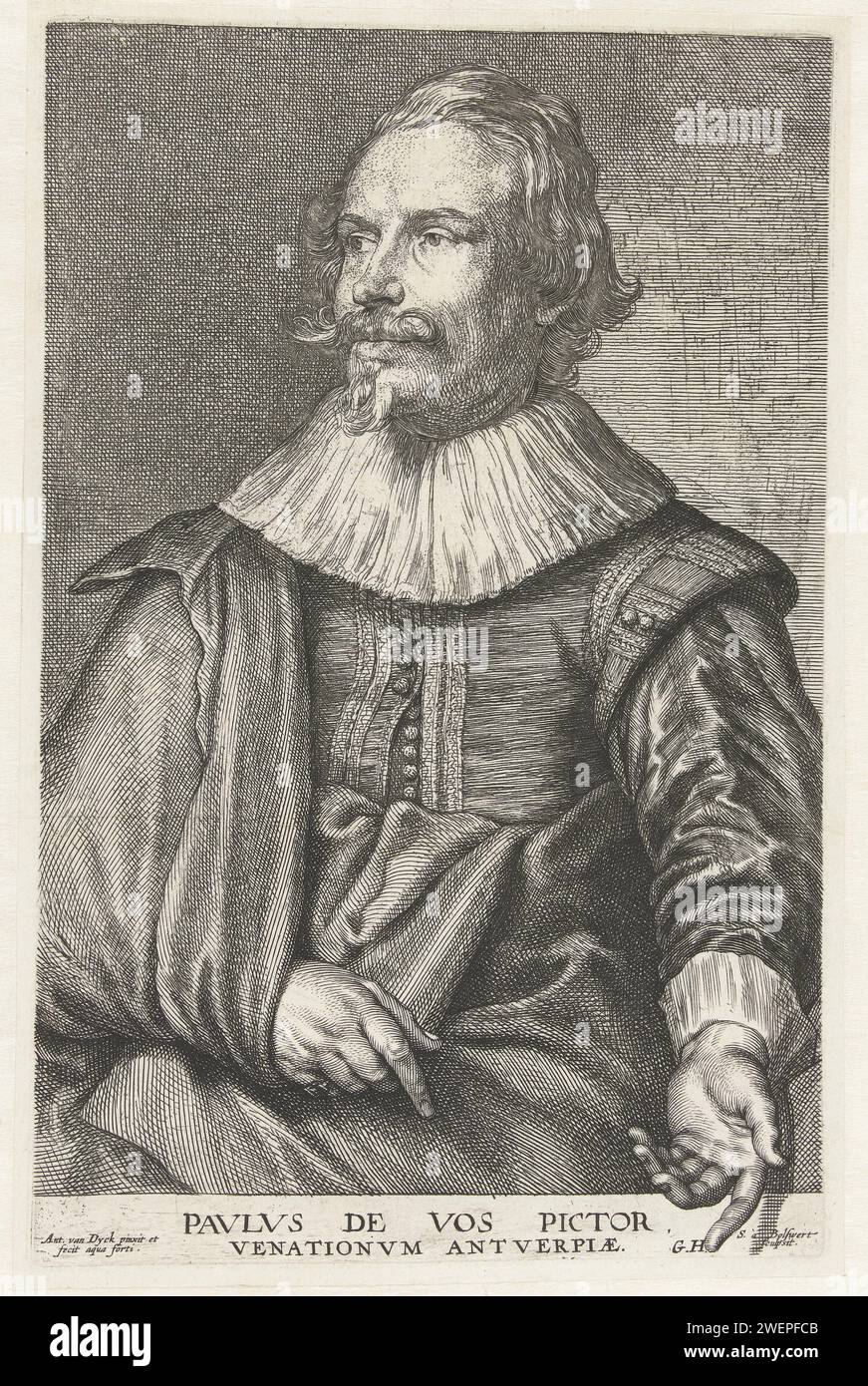 Porträt von Paul de Vos, Anthony Van Dyck, 1645 - 1646 Druck Portret Van Paul on You Met Onderschrift Pavlvs on You Paintor Huntingtonvm Antwerpiae Papiergravur Porträt, Selbstporträt des Malers Stockfoto