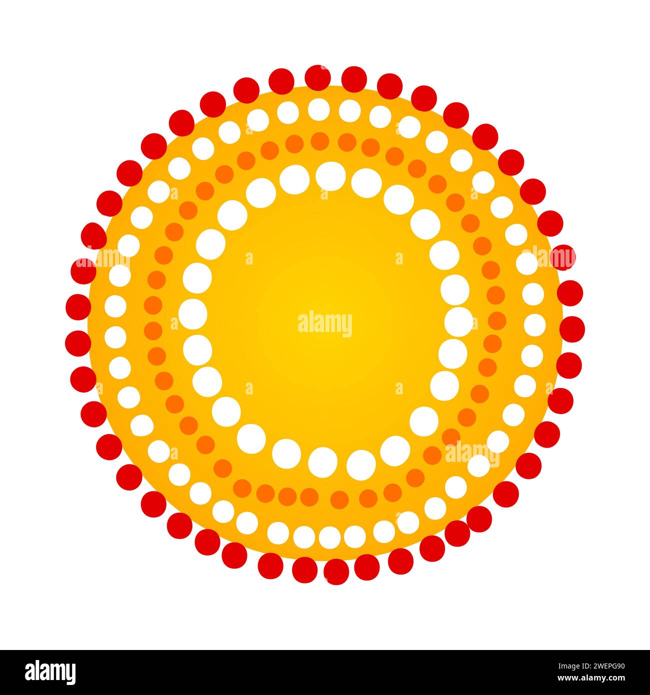 Sonne im dekorativen ethnischen Stil der australischen Aborigines. Die Sonne im traditionellen Stil der Stammeskultur. Gelbe Sonne mit Punkten. Sonnensymbol mit gepunktetem Ornament.Vector Stock Vektor
