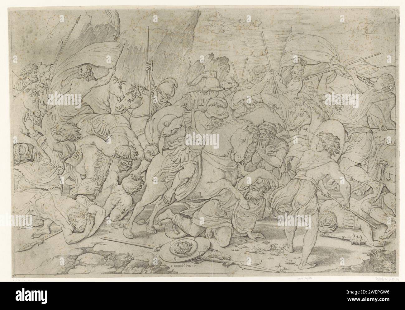 Kämpfen Sie mit Schilden und Lanzen, Giovanni Jacopo Caraglio, nach Rafaël, 1515 - 1565 drucken Soldaten zu Pferd und zu Fuß im Kampf mit Lanzen und Schilden. Vielleicht die Schlacht zwischen Römern und Barbaren. Kampf um Papiergravur Stockfoto
