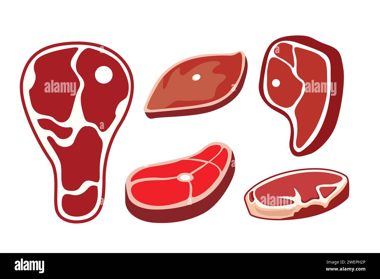 Steaksymbole eingestellt. Vektorabbildung. Isoliert auf weißem Hintergrund. Stock Vektor