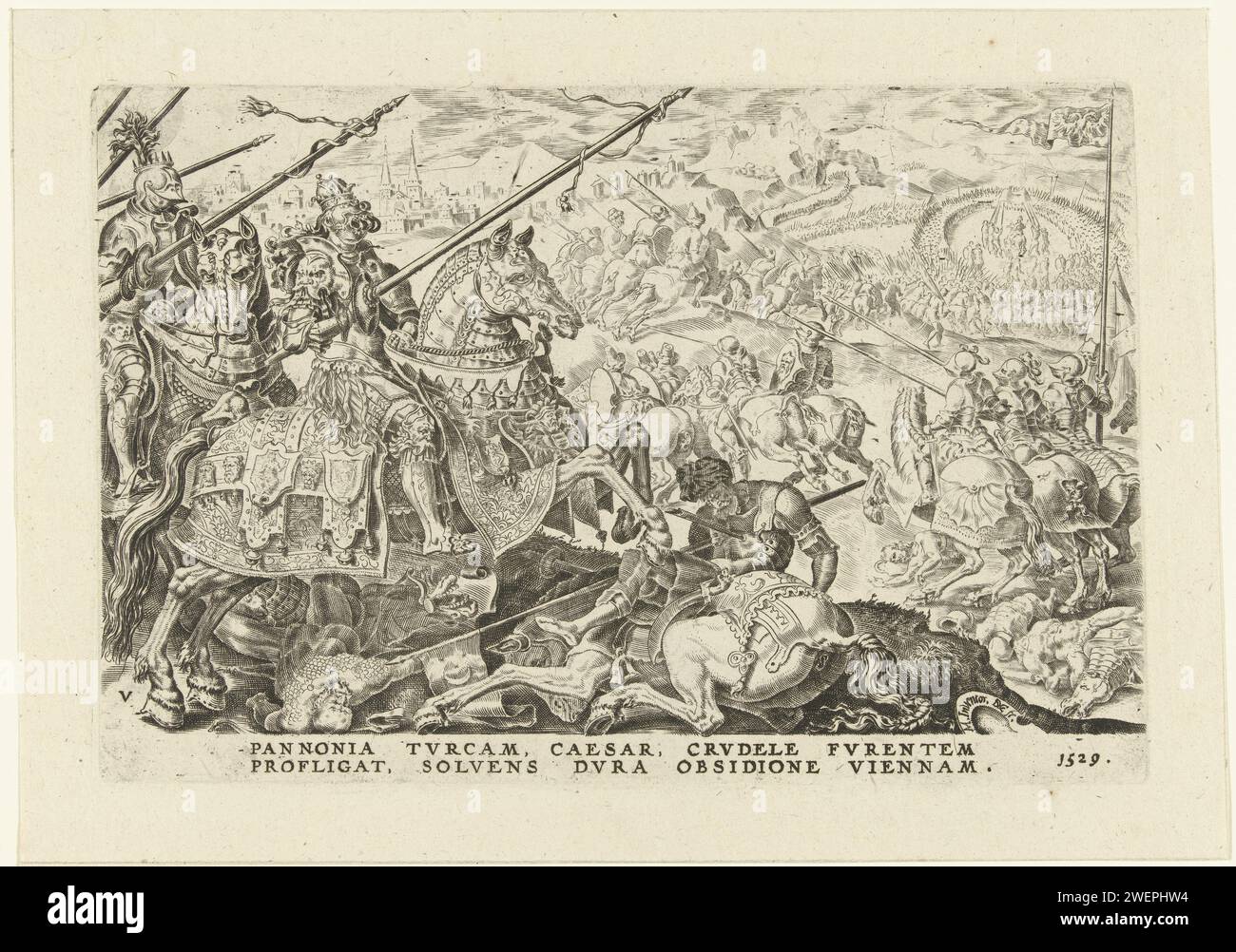 Stellvertreter van Wien, 1529, Dirck Volckertsz. Coornhert, nach Maarten van Heemskerck, 1570–1640 Druckschrift Relief von Wien. Die Armeen von Karel V. zwingen die Türken unter Sultan Süleyman I. den Großen, die Belagerung Wiens 1529 aufzugeben. Ritter mit Gipfeln auf dem Pferd. Unterschrift in zwei lateinischen Zeilen. Papiergravur / Ätzung / Buchdruck Wien Stockfoto