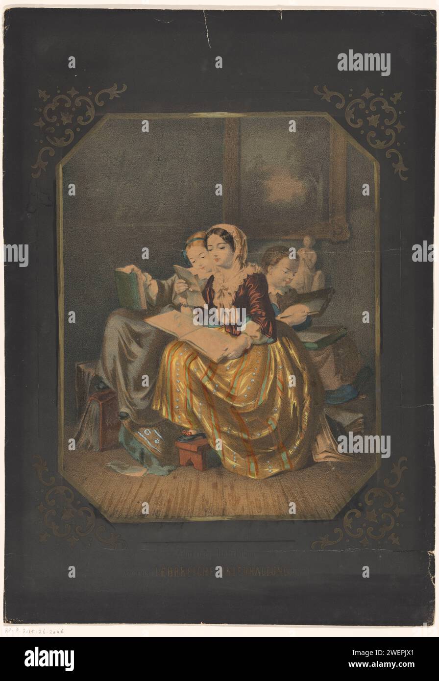 Drei Leserinnen, Anonym, ca. 1850 - ca. 1900 Druck Innenraum mit drei sitzenden Mädchen mit Büchern in der Hand. Papierlesung. Buch Stockfoto