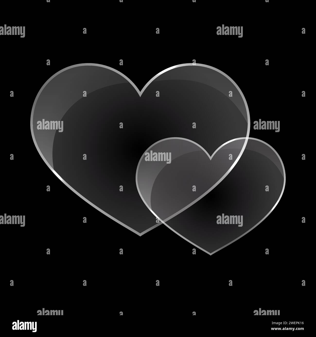 Ein paar Glasherzen Formen Vektor-Illustration. Love Symbol transparent und glänzend. Mattglaseffekt auf dunklem Hintergrund. Grafikelement für Stock Vektor