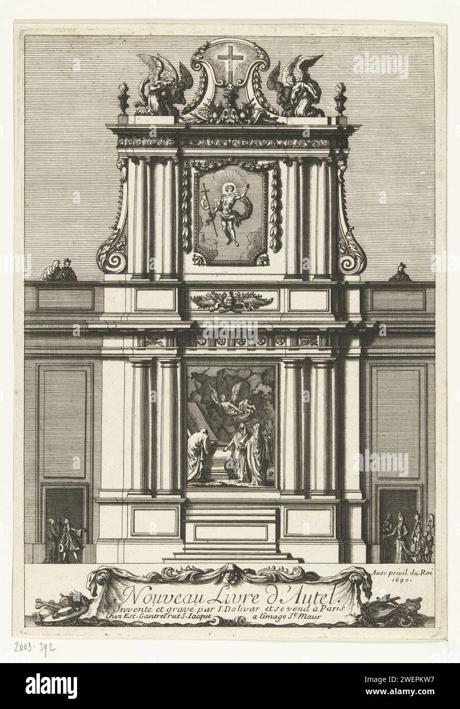 Titelblad: Neues Altarbuch, Juan Dolívar, 1690 Druck Design für Altar mit Darstellung der Auferstehung Christi. Papierätzung Stockfoto