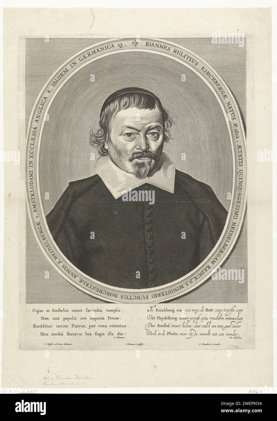 Porträt des Pfarrers Johannes Rulitius, Jan Brouwer, nach Christiaen Jansz. DuSart, nach Cornelis DuSart, 1652 - 1656 Druckpapierstich Stockfoto