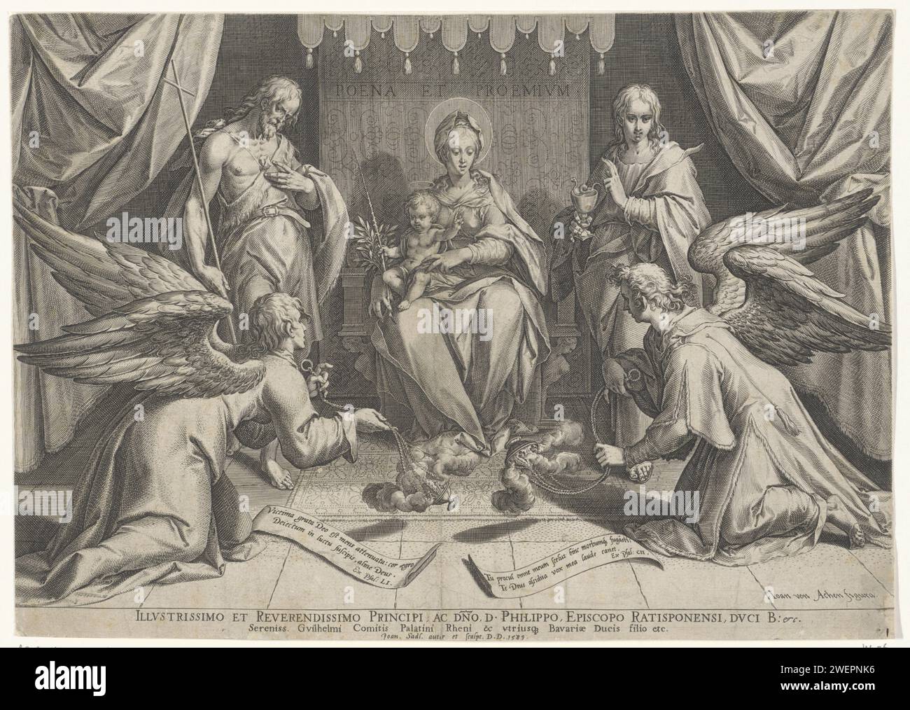TROONISCHE POST und das Christuskind, mit zwei Heiligen, Johann Sadeler (I), nach Hans von Aachen, 1589 Druck die Jungfrau Maria mit dem Christuskind, auf einem Thron sitzend. Links, Johannes der Täufer. Richtig Johannes, der Evangelist. Zwei Engel, jeder mit einem Weihrauchgefäß, der vor dem Thron kniet. Papierstich Madonna begleitet von heiligen. Maria thronte. Engel. Der Apostel Johannes der Evangelist; mögliche Attribute: Buch, Kessel, Kelch mit Schlange, Adler, Handfläche, Bildlauf. Johannes der Täufer; mögliche Attribute: Buch, Schilfkreuz, Taufbecher, Wabe, Lamm, Personal Stockfoto
