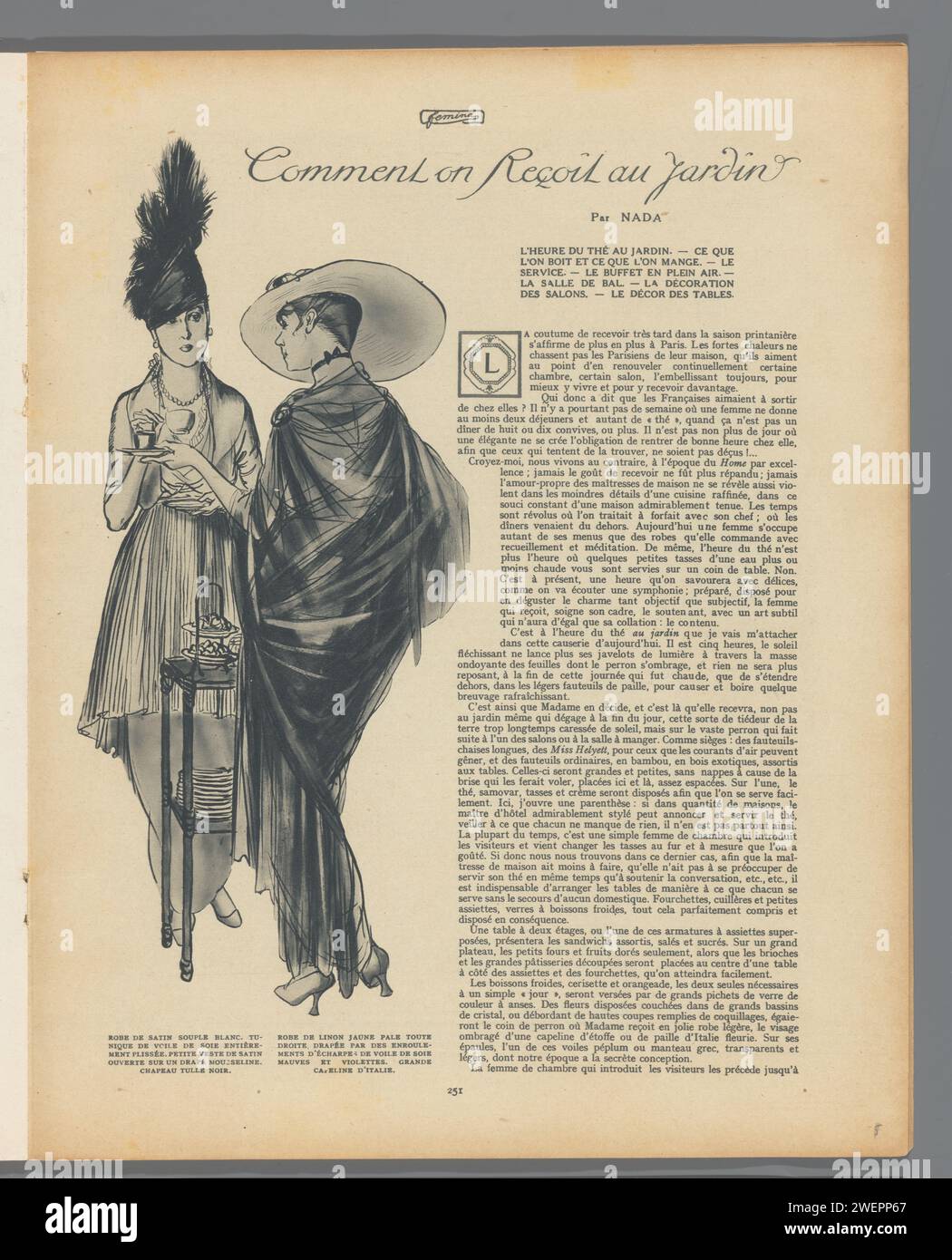Femina, 1. Mai 1914, 14. Jahr, Nr. 19: Seite 251: Wie kommen wir in den Garten?, 1914 Print Fametive Magazin Femina. 14. Année, nein 19: 1. Mai 1914. Seite 251: Zwei Frauen in Nachmittagskleidern oder Teagowns, die an einer Etagère mit Snacks und einer Tasse Tee in der Hand stehen. Papierteller Stockfoto