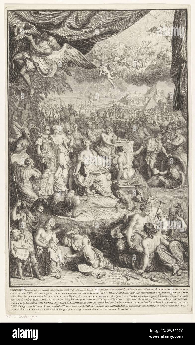 Allegory with History That Writes History, Bernard Picart, 1724–1737 Print allegorische Performance, enthüllt von der Vaterzeit, mit Geschichte umgeben von einer Menge von Charakteren, die die verschiedenen Kontinente symbolisieren. Begleitet wird sie von der Genealogie, die ihr einen Stammbaum, Chronologie, mit Tablette in der Hand, Geographie, die mit ihrem Passanten die Weltkarte zeichnet, und Mnemosyne, die Göttin der Erinnerung, die auf Diogenes verweist. Im Vordergrund stehen die Personifizierungen der Künste mit ihren Attributen. Im Hintergrund sind Adam und Eva, Mohammed, Moses und Aaron. Rechts im Hintergrund monumen Stockfoto