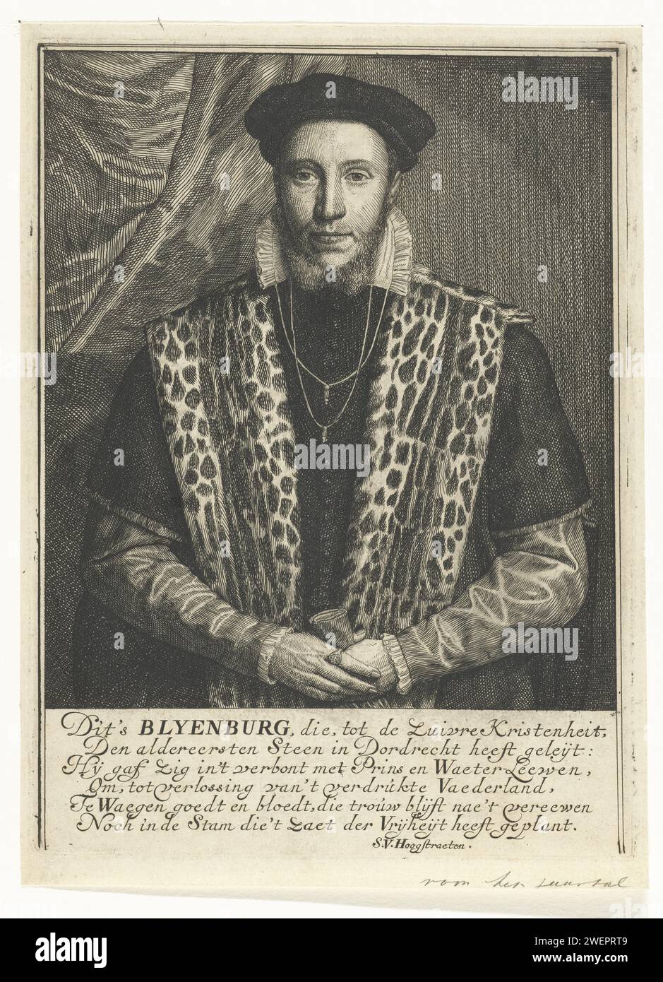 Porträt von Adriaen van Blijenburgh, Samuel van Hoogstraten, 1648–1677 Druck Adriaen van Blijenburgh, Schout van Dordrecht, zehn Halven Lijve. Unter dem Porträt ein sechszeiliger Text in Niederländisch. Historische Personen des Papierätzens Stockfoto