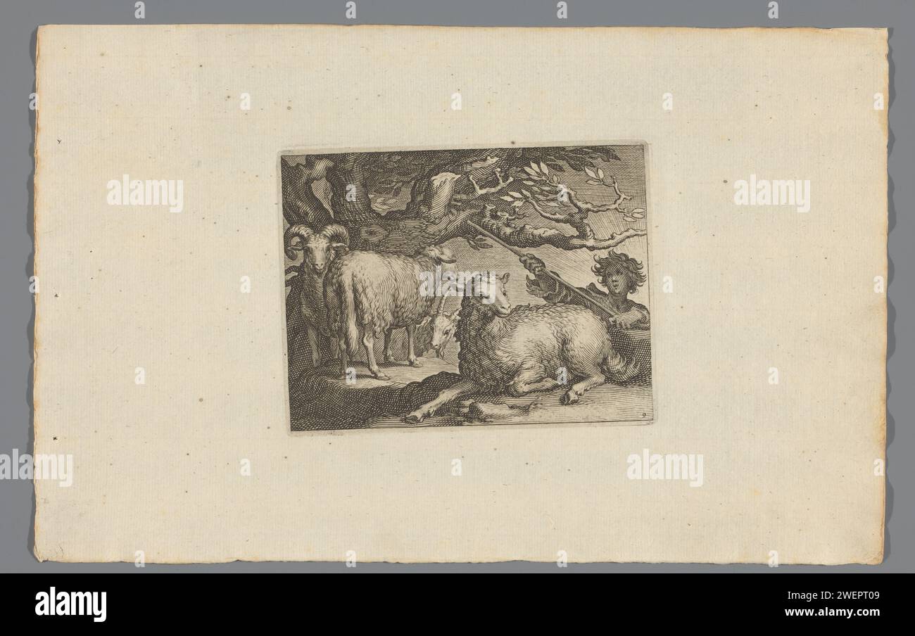 Schäferhund mit Schafen, Boëtius Adamsz. Bolswert, nach Abraham Bloemaert, ca. 1717 - 1732 Druck rechts unten nummeriert: 9. Papiergravur von Schafen. Pastorale, arkadische Szenen. Hirten, Hirten, Hirten, Hirten, Hirten, Hirten, Hirten, Kuhhirte usw. Stockfoto