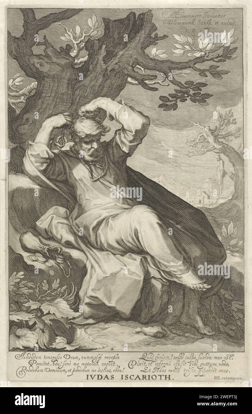 Judas Iskariot legt auf, Willem Isaacsz. Van Swanenburg, nach Abraham Bloemaert, 1611 Druck Judas Iskariot sitzt unter einem Baum und bindet ihm ein Seil um den Hals. Neben ihm ist ein Geldbeutel. Rechts in der Ferne hängt er an einem Baum. Unter der Aufführung befindet sich ein sechszeiliger lateinischer Text mit einer Beschreibung der Szene. Papiergravur Judas, der sich selbst erhängt Stockfoto