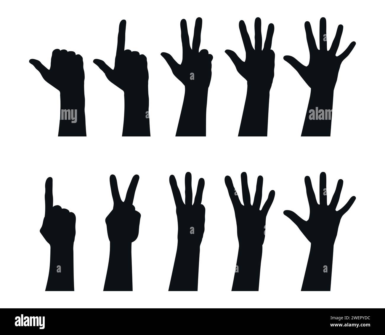 Satz handgezeichneter Zeiger, die Zahlen zählen. Variationen der Silhouetten der Zählfinger. Vektorabbildung Stock Vektor