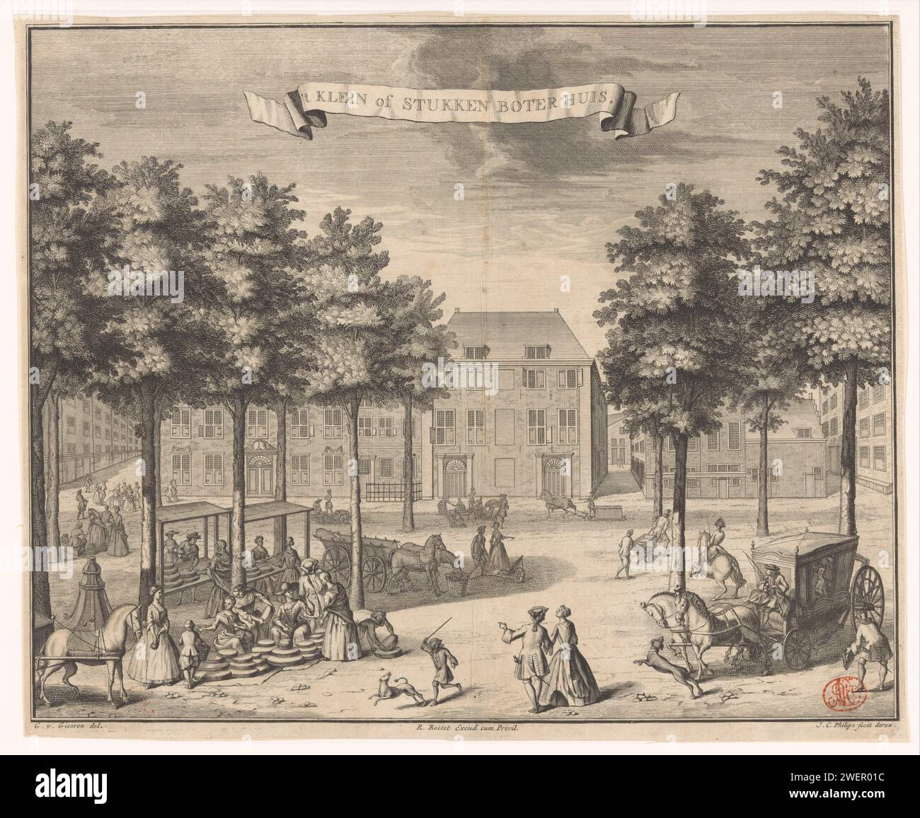 Blick auf das Boterhuis in den Haag, Jan Caspar Philips, nach Gerrit van Gießen, 1730 - 1736 Print Blick auf das Butterhaus, auch bekannt als das kleine Butterhaus, am Grote Markt in den Haag. Im Vordergrund stehen eine Reihe von Marktständen und Zahlen. Papierätzung/Gravur Quadrat, Ort, Zirkus usw. (+ Stadt (-Landschaft) mit Zahlen, Personal). Markt. Außen  Darstellung eines Gebäudes Butterhouse Stockfoto