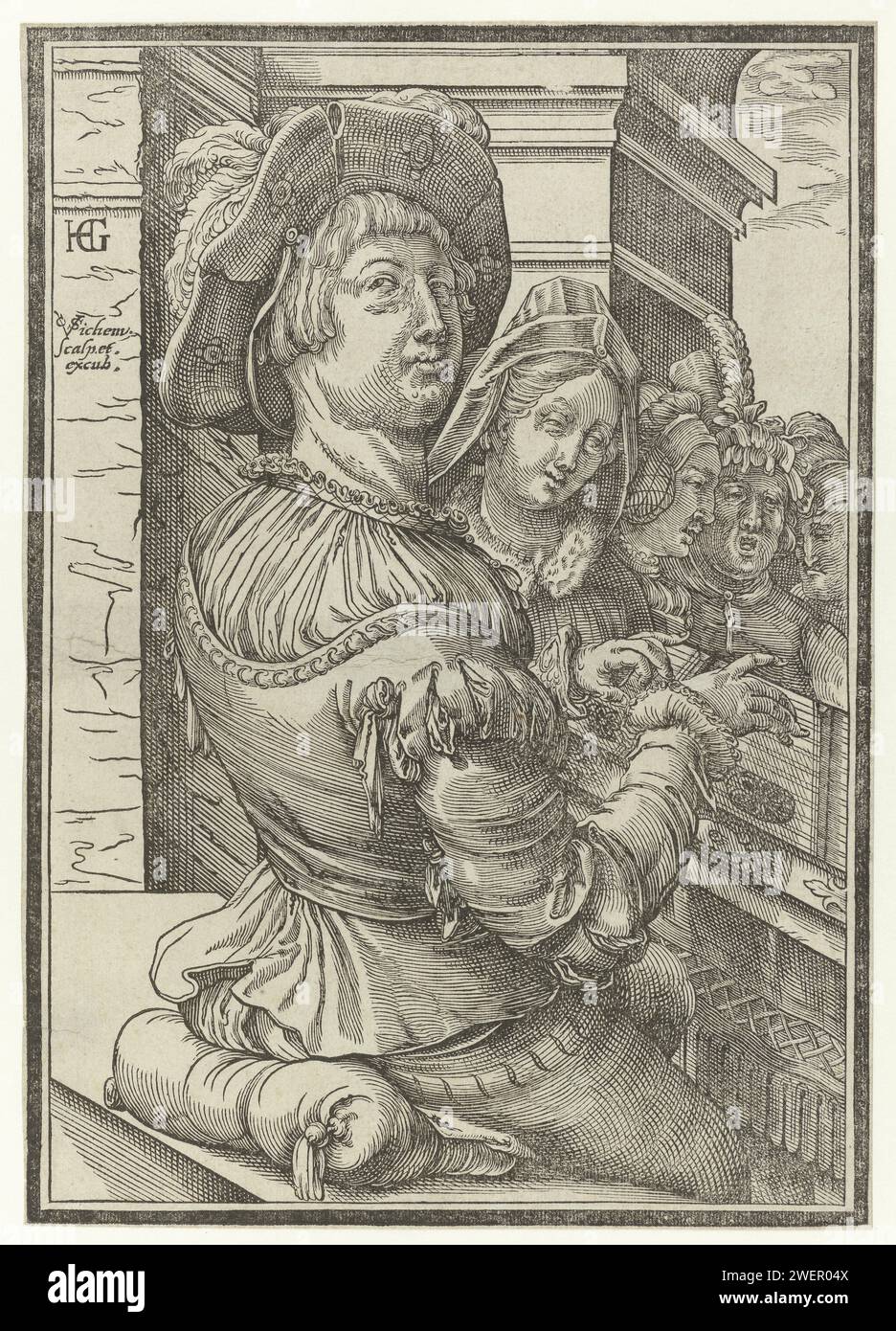 Citer-spielender junger Mann mit vier singenden Figuren, Christoffel van SiChem (I), nach Hendrick Goltzius, 1546–1624 Druckpapierdulcimer, Zither. Musiker, die Sänger begleiten. Weibliche Sängerin. Männlicher Sänger Stockfoto
