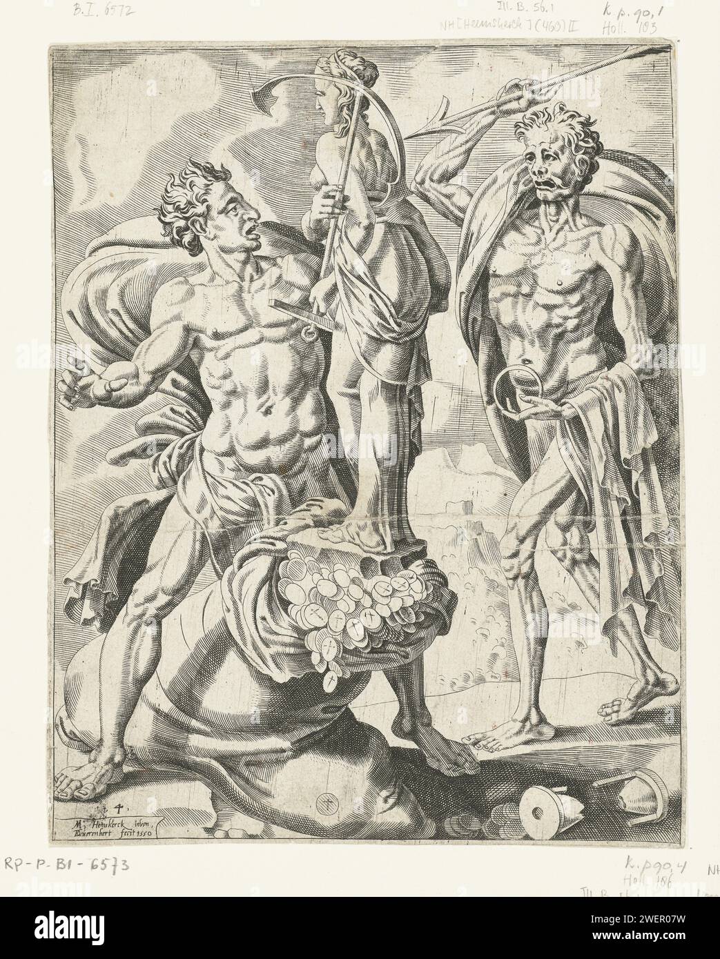 In der sterbenden Stunde gibt es keinen Reichtum, Dirck Volckertsz. Coornhert, nach Maarten van Heemskerck, 1550 Printmann wird am Ende seines Lebens mit dem Tod konfrontiert. Er richtet seinen tödlichen Pfeil auf ihn. Der Mensch sucht Schutz hinter dem Bild der Hoffnung, aber der Sack voller Geld geht und fällt um. Eine gebrochene Sanduhr zeigt an, dass die letzte Stunde des Menschen zugeschlagen hat. Reichtum kann dem Menschen nach dem Tod nicht helfen. In einer Kartusche am unteren Rand des Abdrucks eine niederländische Beschriftung in Reim. Der Druck ist Teil einer vierteiligen Serie über die Nutzlosigkeit der Hoffnung für Geld und andere säkulare Themen. Personifizierungen zum Ätzen/Gravieren von Papier  Stockfoto