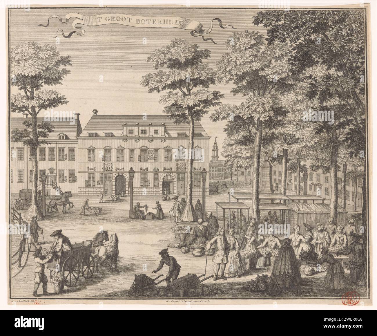 Ansicht des Boterwaag in den Haag, Anonym, nach Gerrit van Gießen, 1730–1736 Print Ansicht des Boterwaag, auch das große Butterhaus genannt, am Groten Markt in den Haag. Im Vordergrund stehen verschiedene Marktstände und Zahlen. Papierätzung/Gravur Quadrat, Ort, Zirkus usw. (+ Stadt (-Landschaft) mit Zahlen, Personal). Markt. Außendarstellung eines Gebäudes Butterwaag Stockfoto