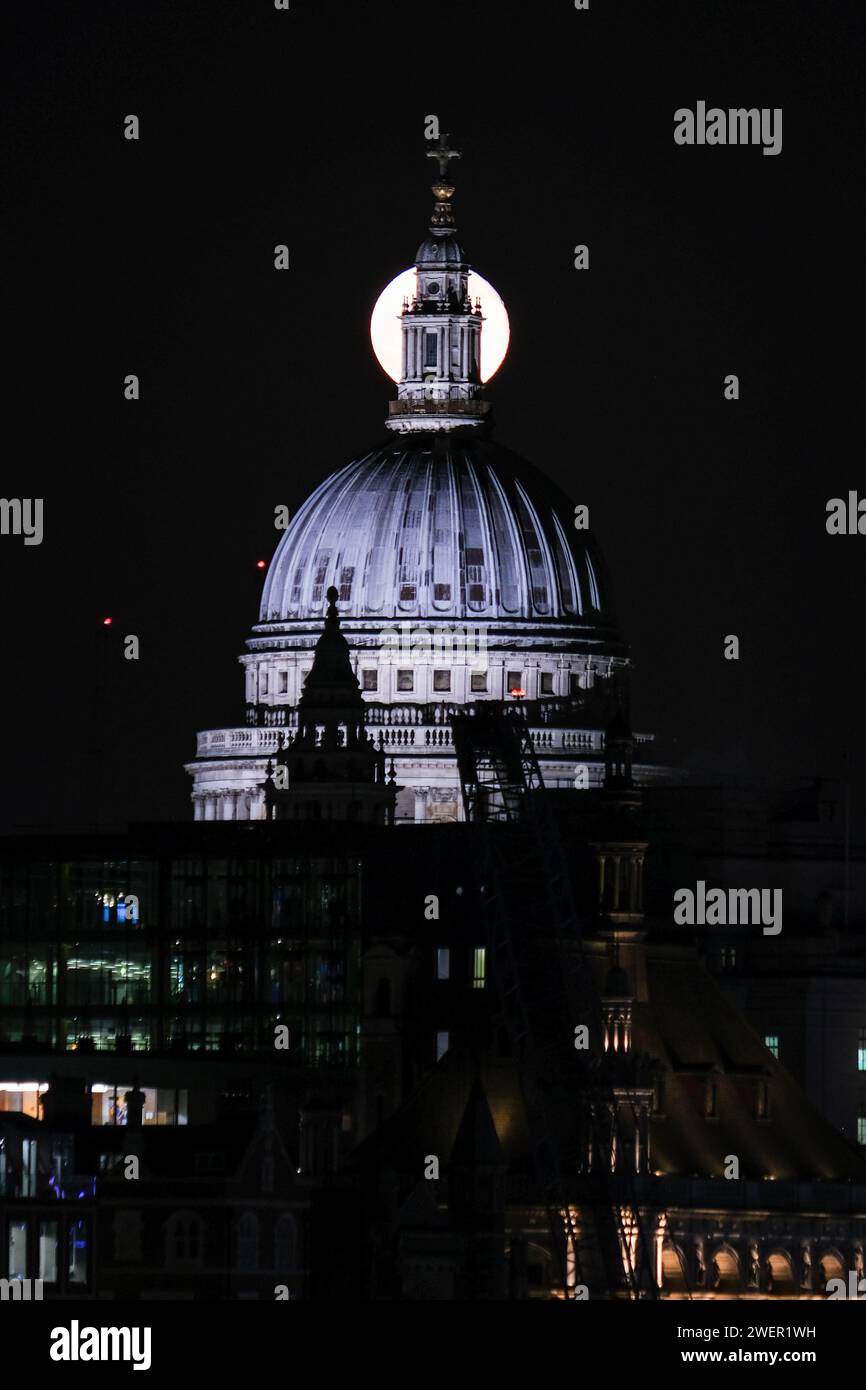 London, Großbritannien. Januar 2024. Ein Mond von 98,8% stieg hinter der St. Paul's Cathedral auf. Der Wolf Moon im Januar soll nach den verstärkten Voakalisationen der Lebewesen in den langen und dunklen Winternächten benannt werden. Quelle: Eleventh Photography/Alamy Live News Stockfoto