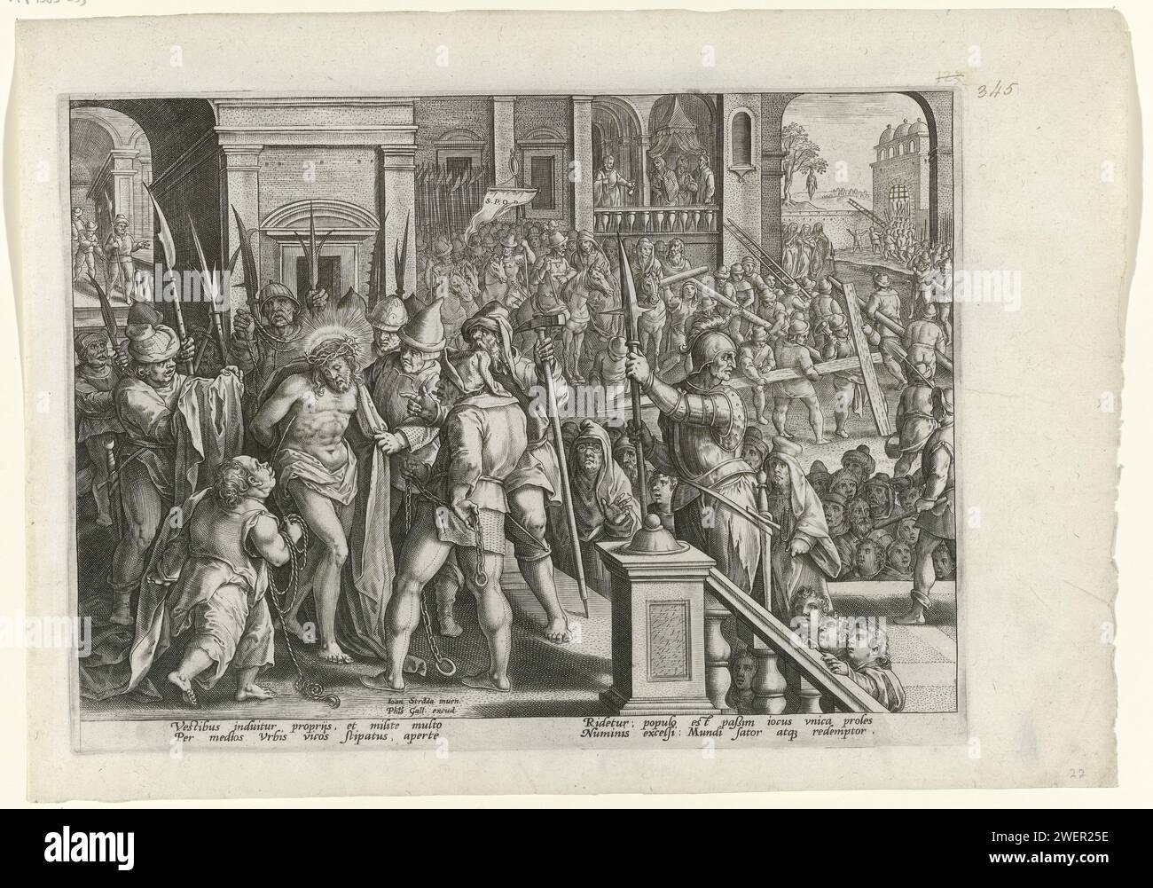 Christus trägt einen scharlachroten Mantel, Adriaen Collaert (zugeschrieben), nach Jan van der Straet, 1585–1586 Druck, bevor der Kreuzzug beginnt, wird Christus Ondaan seiner Bojen und er bekommt einen scharlachroten Mantel zum Tragen. Im Hintergrund werden die Kreuze vorbereitet und Judas hängt auf. Der Druck hat eine lateinische Unterschrift und ist Teil einer Serie über die Leidenschaft, den Tod und die Auferstehung Christi. Papierstich aus dem Pilatus-Palast nach Golgatha: Die Prozession zum Kalvarienkalvarium (Matthäus 27:31-33; Markus 15:20-22; Lukas 23:26-33; Johannes 19:17). Judas hängt sich Stockfoto Christus trägt einen scharlachroten Mantel, Adriaen Collaert (zugeschrieben), nach Jan van der Straet, 1585–1586 Druck, bevor der Kreuzzug beginnt, wird Christus Ondaan seiner Bojen und er bekommt einen scharlachroten Mantel zum Tragen. Im Hintergrund werden die Kreuze vorbereitet und Judas hängt auf. Der Druck hat eine lateinische Unterschrift und ist Teil einer Serie über die Leidenschaft, den Tod und die Auferstehung Christi. Papierstich aus dem Pilatus-Palast nach Golgatha: Die Prozession zum Kalvarienkalvarium (Matthäus 27:31-33; Markus 15:20-22; Lukas 23:26-33; Johannes 19:17). Judas hängt sich Stockfoto