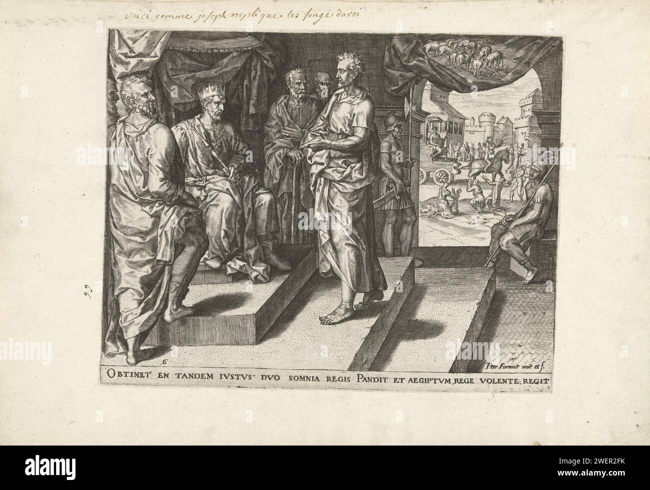 Jozef erklärt Pharaos Traum, Pieter Jalhea Furnius, 1572 Druck Joseph steht für den Pharao, der auf einem Thron sitzt. Er erklärt seinen Traum von den sieben fetten und sieben mageren Kühen, der oben rechts dargestellt wurde. Unter der Show befindet sich eine lateinische Textregel, die links unten nummeriert ist: 8. Der Druck ist Teil einer Serie von Drucken über das Leben Josephs. Papiergravur erster Traum des Pharao: Sieben fette Kühe werden von sieben mageren Kühen gefressen  Geschichte von Joseph Stockfoto