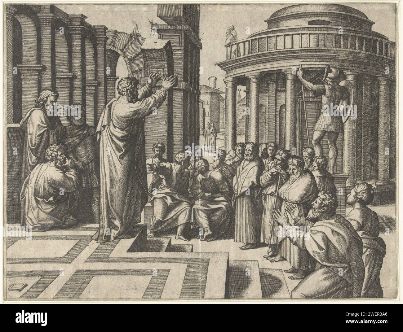 Paul Predikt in Athen, Marcantonio Raimondi, nach Rafaël, 1517–1520 Druck predigt Paulus in Athen für den Areopagus, den höchsten Gerichtshof Athens. Im Vordergrund wiederholt sich Dionysius de Areopagiet zum Christentum. Papierstich Paulus in Athen: Über den Areopag spricht er mit Philosophen (vor dem Marstempel) Stockfoto