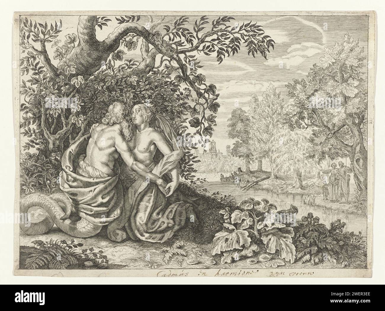 Harmonia and Cadmus, Crispy of the Pace (II), ca. 1636–1670 Druck in den Wäldern um Illyyrien werden Cadmus und seine Frau Harmonia in Schlangen von Jupiter im Alter verändert. Sie umarmen sich gegenseitig. Papiergravur Cadmus und Harmonia wurden zu Schlangen: Wenn sie mit Trauer und der Gebrechlichkeit des Alters beladen sind, werden Cadmus und Harmonia zu Schlangen (Ovid, Metamorphoses IV 576) Stockfoto