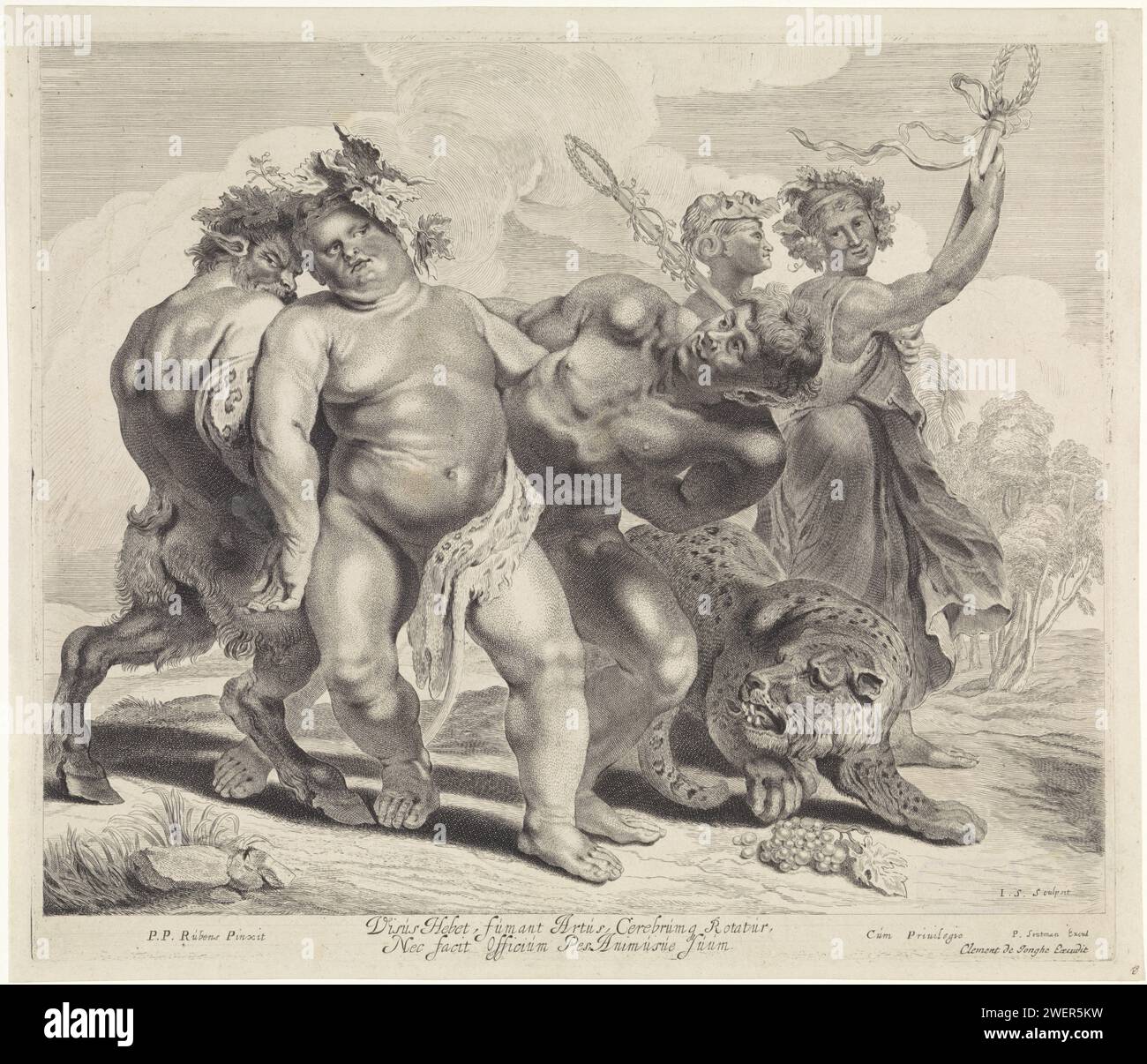 Bacchus Trunkenness, Jonas Suyderhoef, nach Peter Paul Rubens, 1643–1677 drucken der betrunkene Bacchus wird von zwei Satern unterstützt. Er ist nur in einem Tigertuch gekleidet. Auf der rechten Seite ein Leopard und Maenaden. Papier, das den betrunkenen Bacchus graviert. Satyr(s) (allgemein) Stockfoto