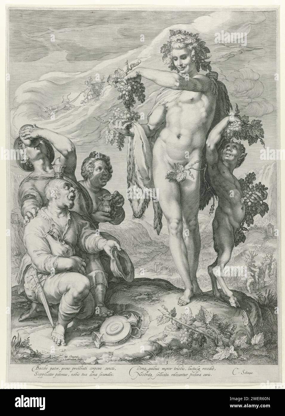 Trinkende Männer bekunden Bacchus, Jan Saenredam, nach Hendrick Goltzius, 1596 Druck Bacchus, Gott des Weins, von drei trinkenden Männern geehrt. Bacchus wird von einem jungen sater begleitet und zeigt den Männern Trauben. Im Hintergrund eine Landschaft, in der Bauern Trauben ernten. Papierstich (Geschichte von) Bacchus (Dionysos), Liber. Wein  alkoholische Getränke. Jahrgang, Traubenernte Stockfoto