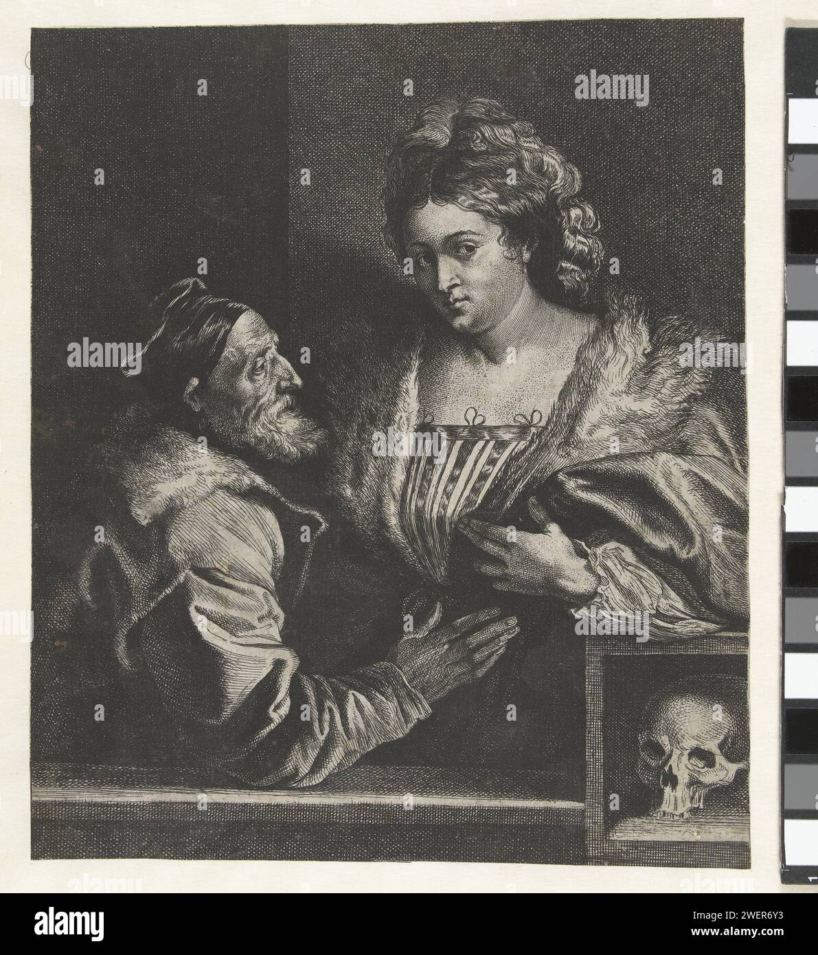 Titian und sein Maitrese, Anthony Van Dyck, nach Titian, 1627–1641 drucken Kopie zum Selbstporträt Tizians mit einer jungen Frau. Unten rechts ein Schädel. Tizians Gemälde ging verloren, wegen der ETS von Van Dyck wissen wir, wie das Porträt aussah. Unter dem Porträt befindet sich eine Widmung an den Händler und Kunstliebhaber Lucas van Uffel und ein italienisches Gedicht. Papierätzung / Gravur Kurtisane, Hetaera Stockfoto