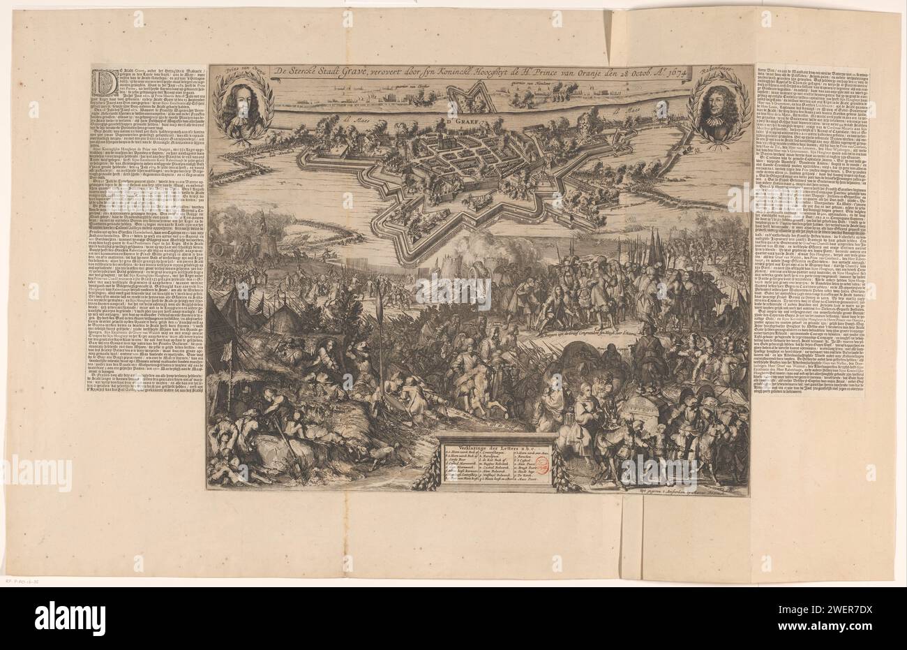 Conquest of Grave von Willem III., 1674, Romeyn de Hooghe, 1674 Druck Belagerung und Conquest of Grave von Wilhelm III., 25. Juli bis 29. Oktober 1674. Über einem Gesicht der belagerten Stadt mit Medaillons mit Porträts von Willem III. Und Rabenhaupt auf beiden Seiten. Unter den Franzosen verlassen die eroberte Stadt und kniet Vertreter der Stadt vor dem Prinzen nieder. Auf den linken Szenen im Leben in einem Armeelager. Unten eine Kartusche mit der Legende A-Z. Mehrere Inschriften in der Aufführung, von denen einige unvollendet oder poliert sind. Auf beiden Seiten der Drucke mit Text über die Belagerung der Stadt. p Stockfoto