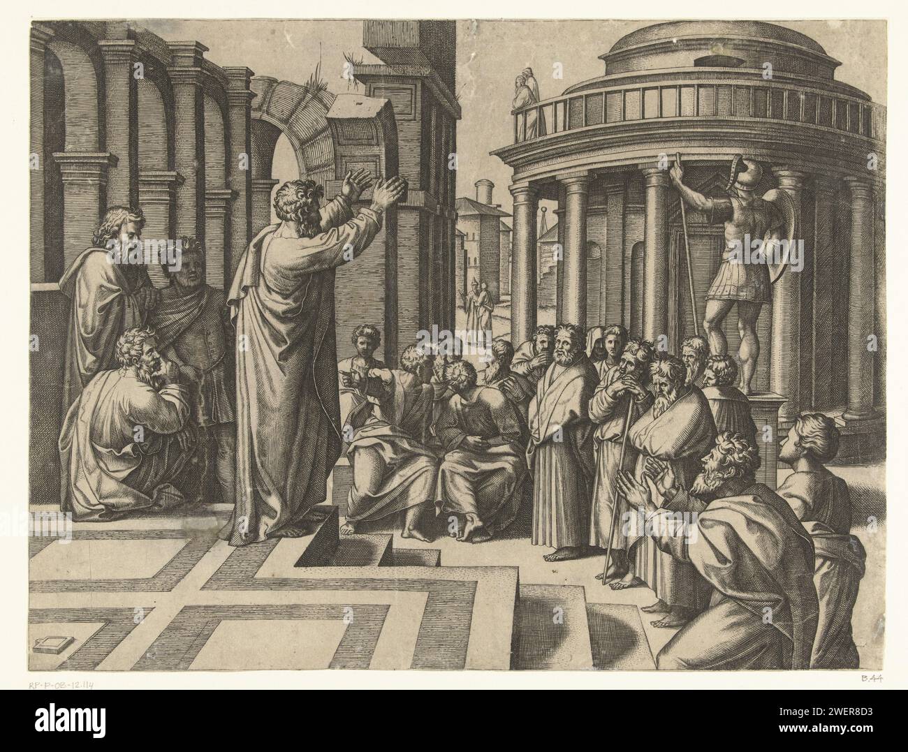 Paul Predikt in Athen, Marcantonio Raimondi, nach Rafaël, 1517–1520 Druck predigt Paulus in Athen für den Areopagus, den höchsten Gerichtshof Athens. Im Vordergrund wiederholt sich Dionysius de Areopagiet zum Christentum. Papierstich Paulus in Athen: Über den Areopag spricht er mit Philosophen (vor dem Marstempel) Stockfoto