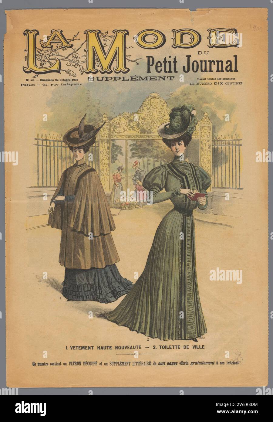 Kleine Zeitungsmode: Ergänzung, Nr. 43. - Sonntag, 22. Oktober 1905: -12. Oliv Sheet Schneiderkostüm (...), 1905 Doppelseite von La Mode du Petit Journal: Supplement, NR. 43. - Dimanche 22. Oktober 1905: Acht Modelle in verschiedenen Kleidern oder Kostümen in Hüften. Vier Modelle „und Büste“ mit verschiedenen Körpern und Boleros im Ornamentierrand von Bändern. Das La Mode du Petit Journal war die wöchentliche Modebeilage des La Petit Journal, einer Pariser Wochenzeitung, die zwischen 1836 und 1944 erschien. Papierteller. Ensembles von Kleidungsstücken (ZWEITEILIGER ANZUG) (+ Damenkleidung). Kleid, Kleid (R Stockfoto