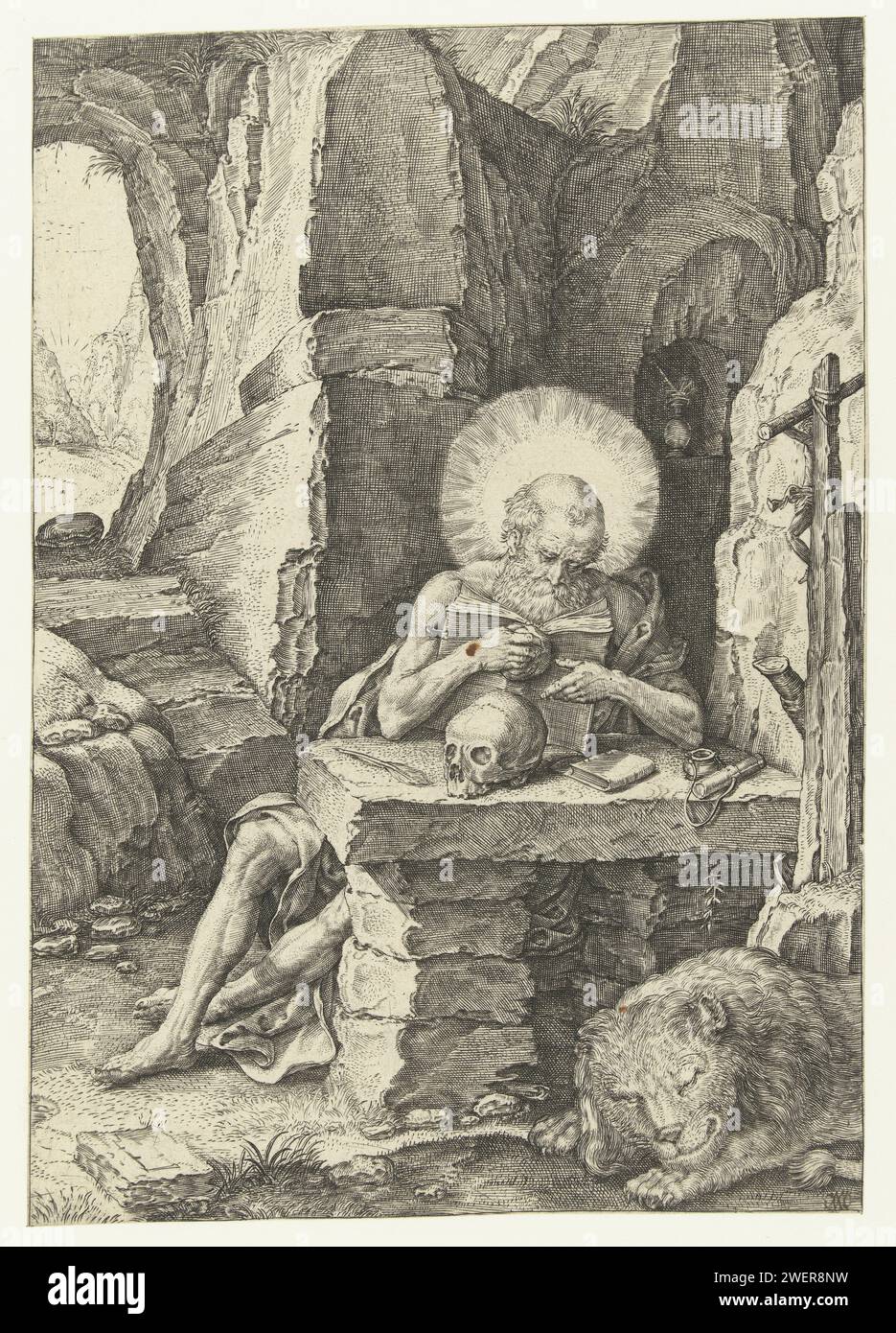 Der heilige Hieronymus in einer Höhle, Raphael de Mey (zugeschrieben), 1575 - 1624 Druck mit dem heiligen Hieronymus in einer Höhle Papier Gravur St. Jerome als Einsiedler in einer Landschaft, liest Stockfoto
