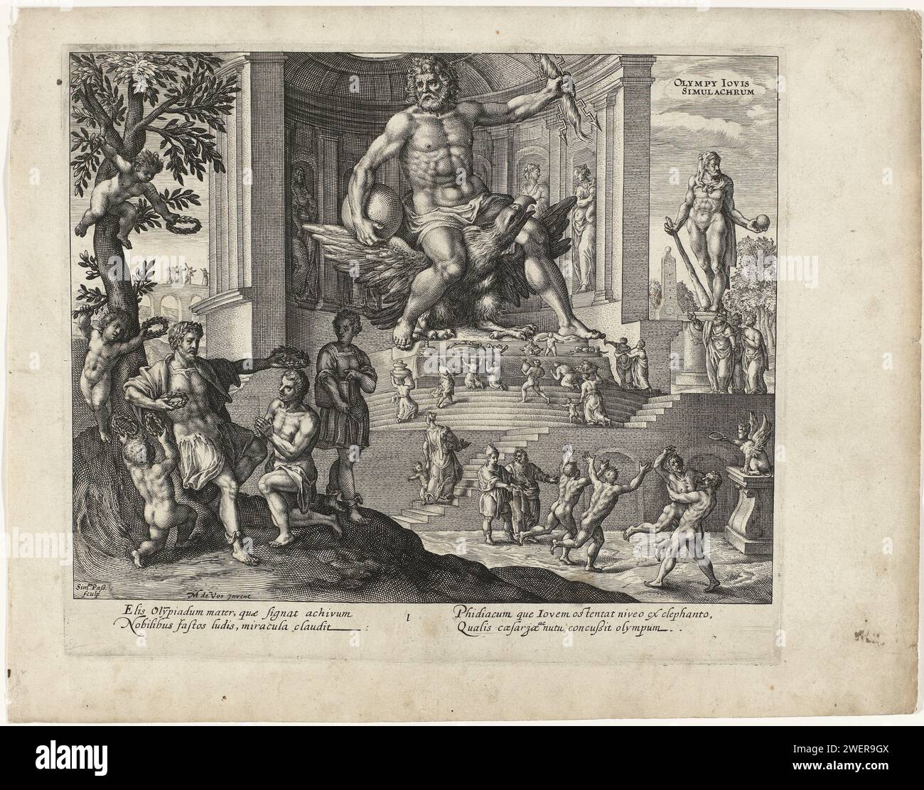 Das Bild des Jupiters in Olympia, Simon van de Passe, nach Maerten de Vos, 1614 Druckpapier Gravur Statue des Zeus von Phidias (Wunderwerk der Welt) Stockfoto