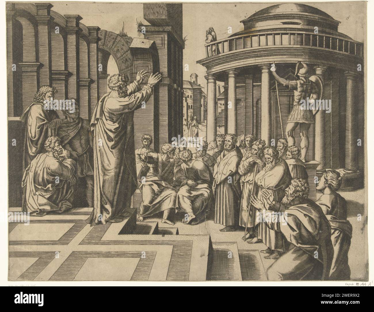 Predigt des Paulus in Athen, Anonym, nach Marcantonio Raimondi, nach Rafaël, 1517 - 1570 Druckpapier Stich Paulus in Athen: Über den Areopag spricht er mit Philosophen (vor dem Marstempel) Stockfoto