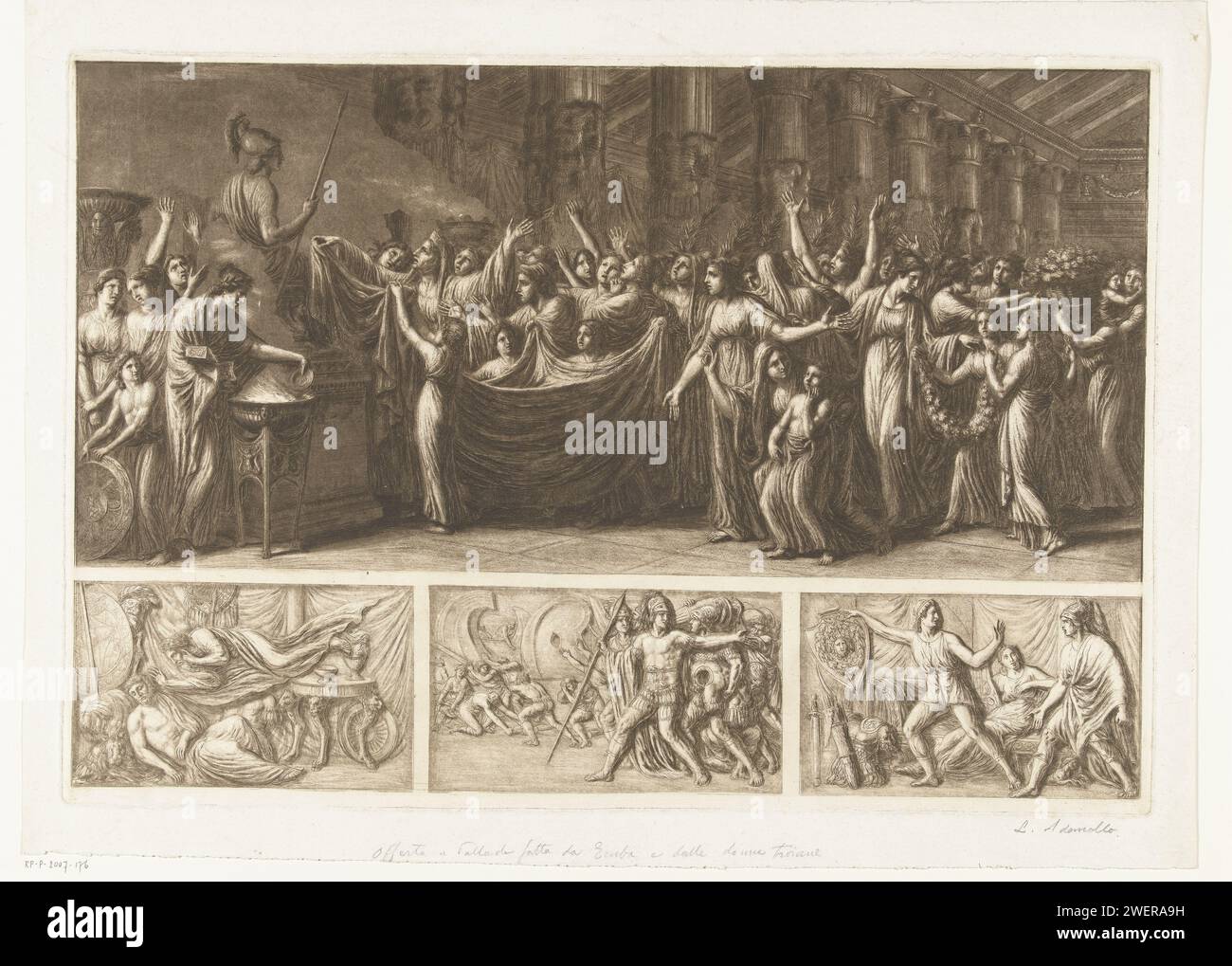 Szenen aus dem Trojanischen Krieg, 1774–1849 drucken Top-Bild: Hekabe bietet Minerva Kleidung an. Darunter drei kleine Szenen aus dem Trojanischen Krieg nebeneinander. Italienische Unterschrift mit Bleistift. Hecuba und die Trojanischen Frauen beten in Minervas Tempel. Die letzten Monate der Belagerung und des Falls Trojas Stockfoto