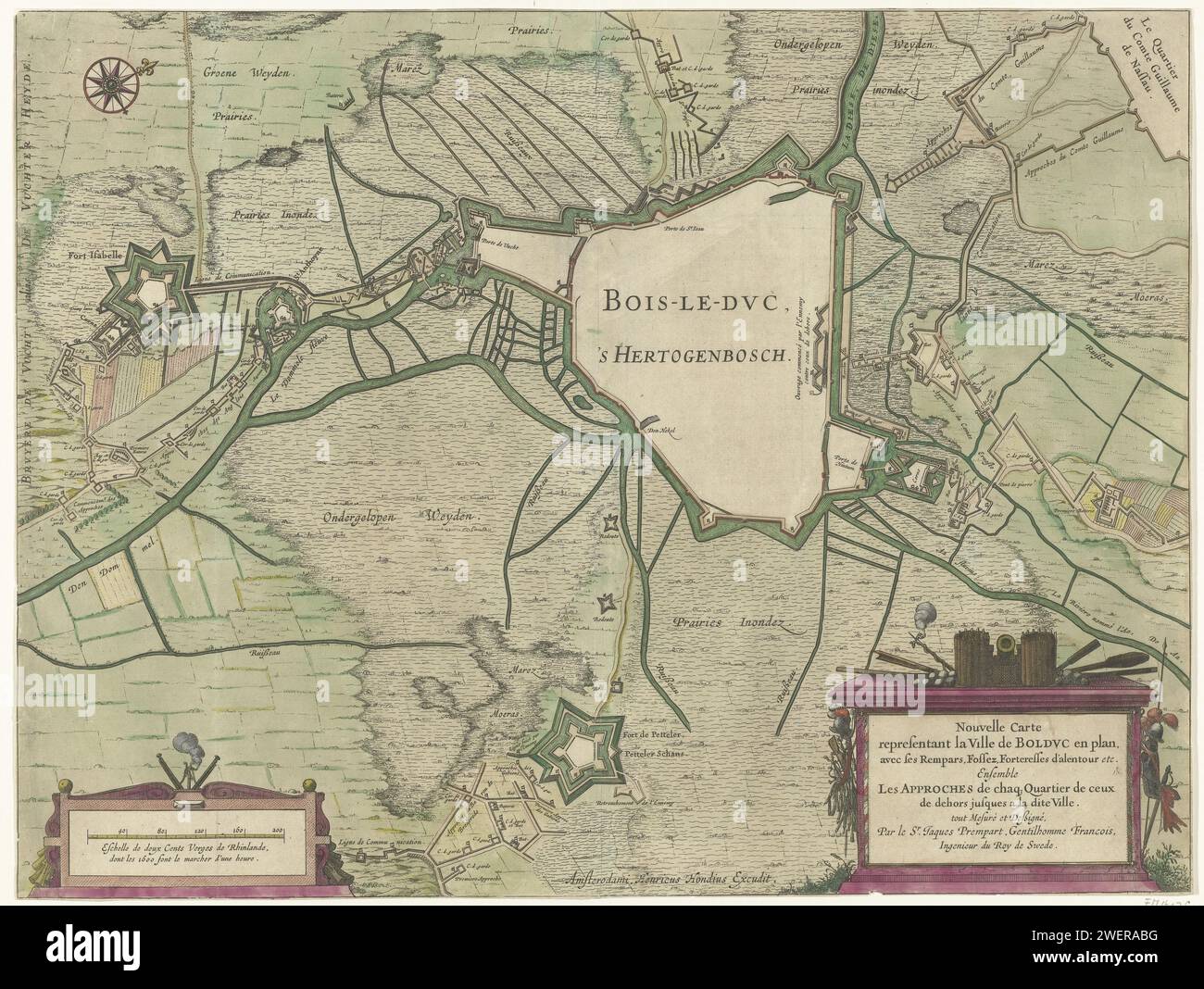 Karte der Belagerung von den Bosch durch Frederik Hendrik, 1629, 1630 drucken Karte der Belagerung von den Bosch durch die Staatliche Armee unter Frederik Hendrik, vom 1. Mai bis 17. September 1629. Karte mit zentraler Stadtbefestigung, links Fort Isabella. Unten rechts eine Kartusche mit dem französischen Titel. Unten links eine Schüssel: Eschelle de Deux Cents Vergees de Rhinlande, Don Les 1600 Font le Marcher d'ure Heure. Papier-Ätzkarten für getrennte Länder oder Regionen. Belagerung, positionieren Sie den Bosch. Fort Isabella (Bosch) Stockfoto