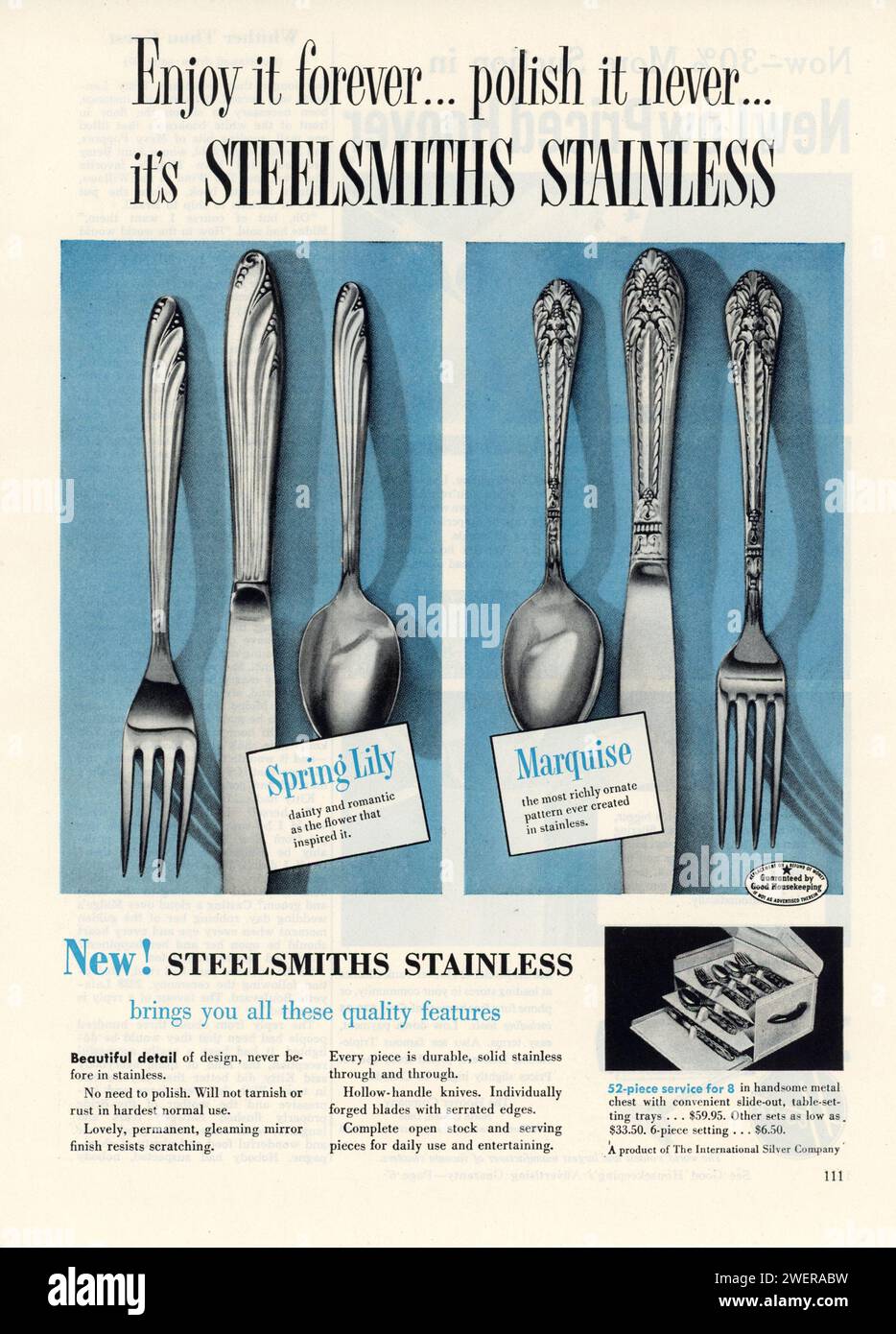 Das Vintage-Magazin „Good Housekeeping“, Mai 1953, gibt einen Werbespot aus, USAspring Lily Stockfoto