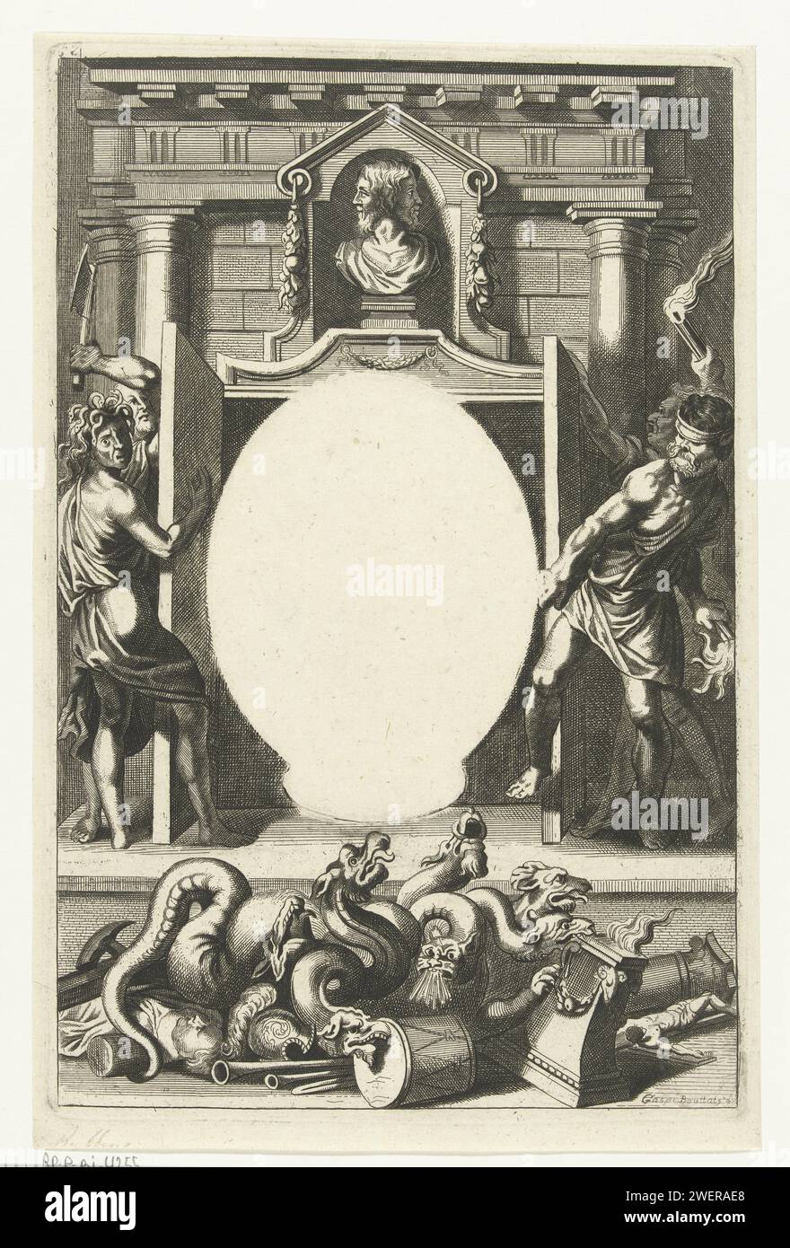 Allegorischer Rahmen, Gaspar Bouttats, nach Lucas Vorsterman (I), nach Peter Paul Rubens, 1650–1695 drucken die Vorderseite des Tempels des Janus. An der Spitze einer Nische die zweiköpfige Büste von Janus. Die Türen des Tempels sind von vier Figuren geöffnet. Auf der rechten Seite ist blinder Wut (mit einer Augenbinde und einer Fackel) und ein weiterer Mann mit einer Fackel. Auf der linken Seite befinden sich Discordia (mit dem Kopf der Medusa) und ein Mann mit einer Axt in der Hand. Am unteren Rand des Druckes befindet sich die siebenköpfige hydra (Symbol für Ketzerei), die Kunst und religiöse Artefakte zerstört. Papierätzung/Gravur „hydra“; „Hidra“ (Ripa). (Geschichte von) Janus. J Stockfoto