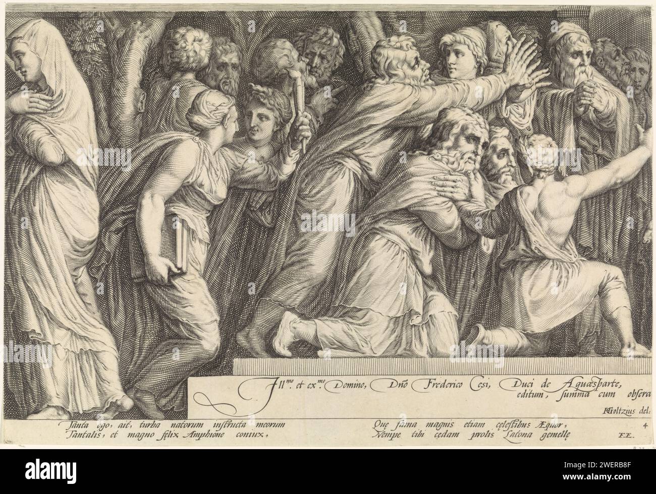 Pommes frites mit der Strafe von Niobe (Platte 4), Jan Saenredam, nach Polidoro da Caravaggio, nach Hendrick Goltzius, 1596–1652 drucken die Festlichkeiten in Theben zu Ehren Latonas, der Mutter von Apollo und Diana. Die Theben knien, um das Bild Latonas zu verehren. Der Druck hat eine lateinische Unterschrift. Mittlere linke Platte eines Druckes mit einem Friesen von acht Platten Papierstich Leiden, Unglück von Niobe Stockfoto