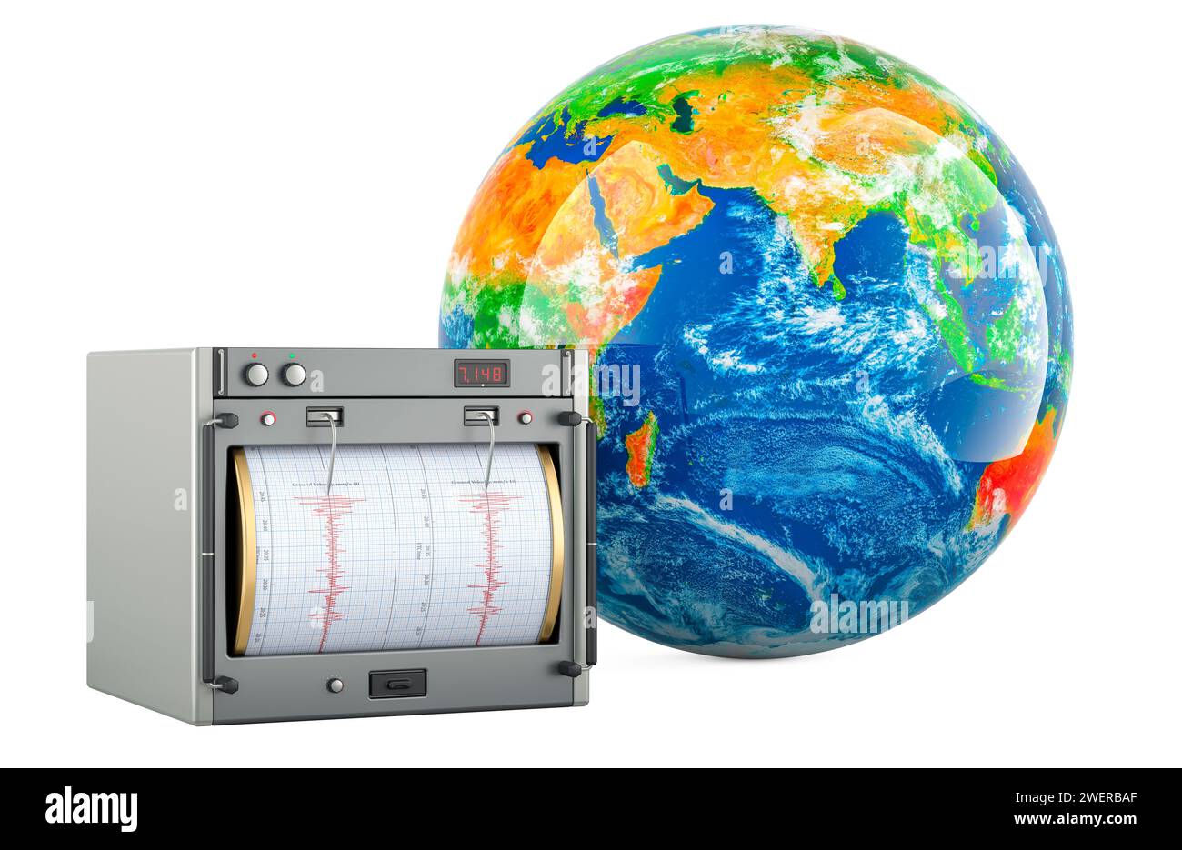 Seismograph, Seismometer mit Erdkugel. 3D-Rendering isoliert auf weißem Hintergrund Stockfoto