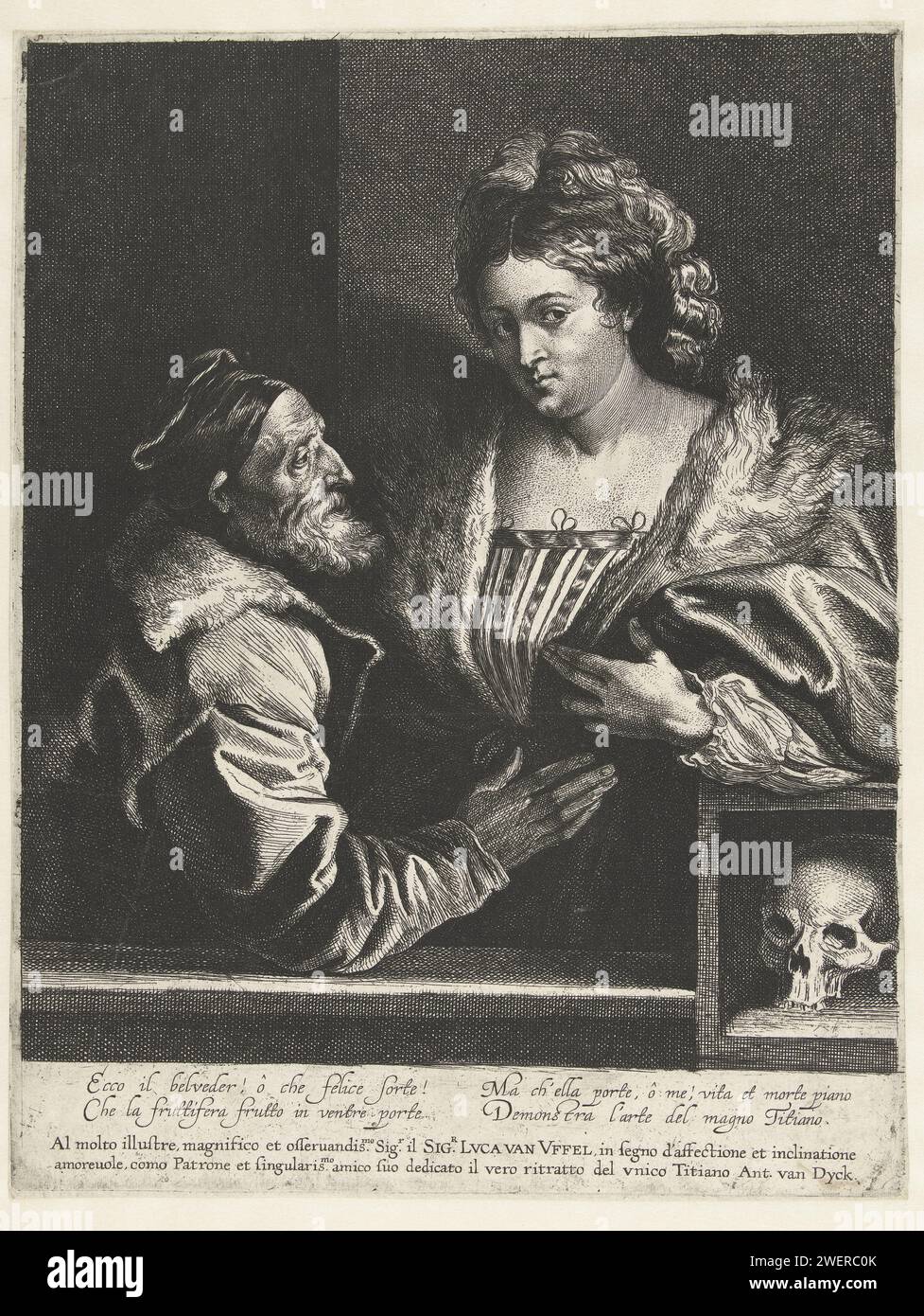 Titian und sein Maitrese, Anthony Van Dyck, nach Titian, 1627–1641 drucken Kopie zum Selbstporträt Tizians mit einer jungen Frau. Unten rechts ein Schädel. Tizians Gemälde ging verloren, wegen der ETS von Van Dyck wissen wir, wie das Porträt aussah. Unter dem Porträt am Rand ist eine Widmung an den Händler und Kunstliebhaber Luke van Uffel und ein italienisches Gedicht zu sehen. Papierätzung / Gravur Porträt, Selbstporträt des Malers. Kurtisane, Hetaera Stockfoto