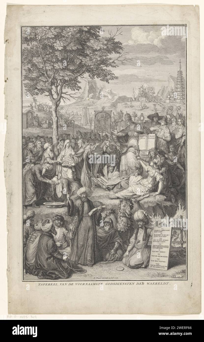 Vorstellungskraft der wichtigsten Religionen der Welt, 1727 gedruckte allegorische Darstellung mit der weiblichen Personifikation der römischen Kirche, gekrönt mit dem päpstlichen Diadem. Sie trampelt einen Rabbiner mit einem hebräischen Text und der Personifikation des Römischen Reiches, der ein Bild von Victoria in den Händen hält. Aberglaube (Idolatria) versucht, das Bild von ihr zu machen. Von einem Baum die weibliche Personifikation des christlichen Glaubens mit einer offenen Bibel in den Händen hinterlassen. Für sie ein Priester, der eine Frau getauft hat. Im Vordergrund einige Muslime, die zu einem Prediger aufschauen. Einer von ihnen hält ein Tablet o Stockfoto