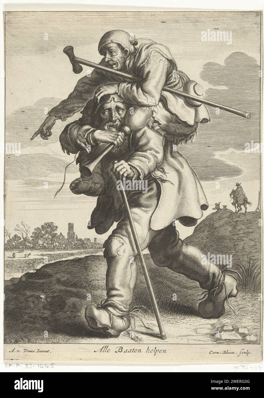 De Lamme und de Blinde, Cornelis Bloemaert (II), nach Adriaen Pietersz van de Venne, 1620–1630 Druck Ein Blinder trägt einen lahmen Mann auf dem Rücken. Der lahme Mann zeigt den blinden Weg. Bildunterschrift: Hilf allen Baaten. Papier, das den Halt graviert, der den Blinden führt Stockfoto