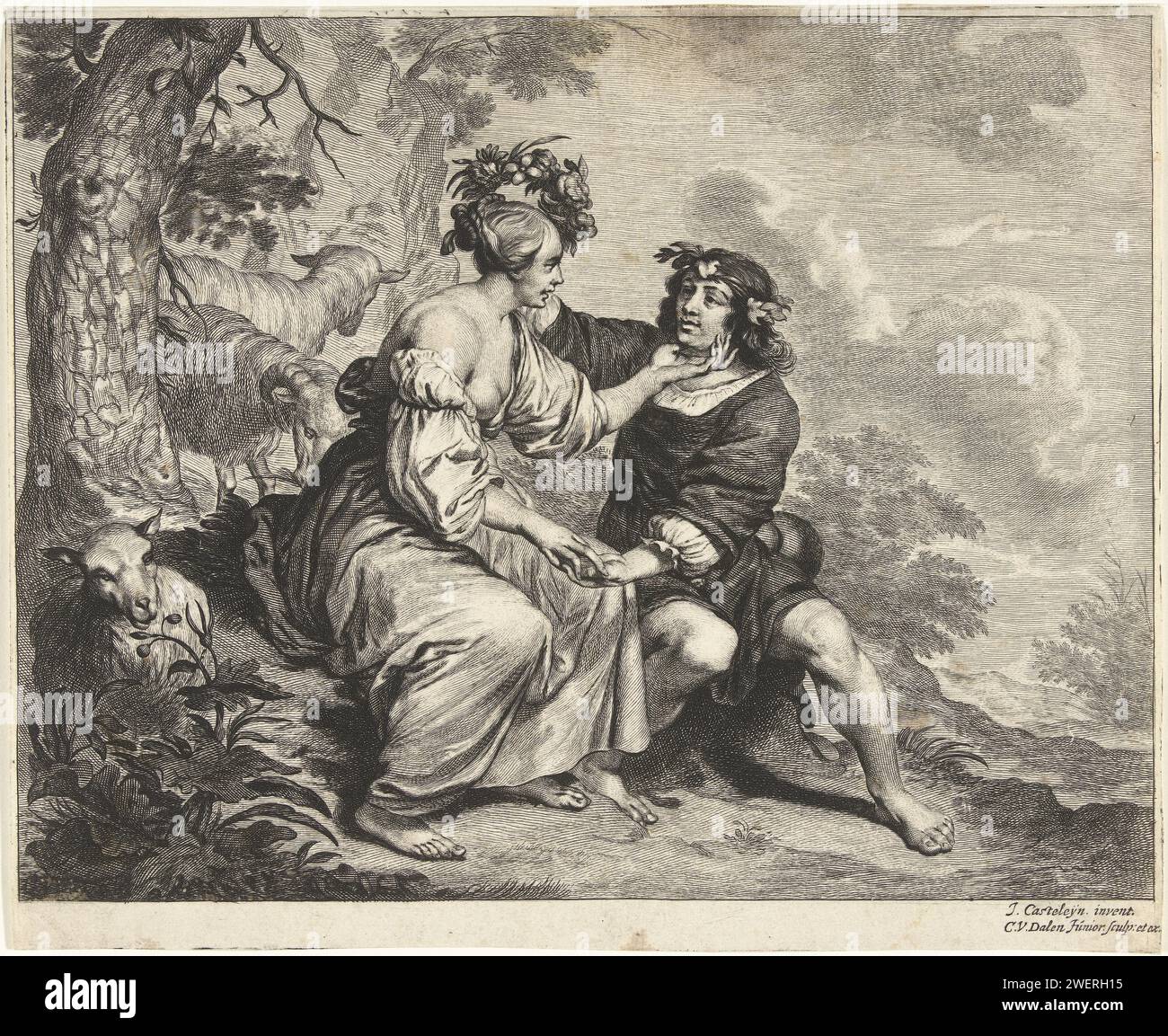 Herder und Herderin in Landschap, Cornelis van Dalen (II), nach Casper Casteleyn, 1648–1664 Druckpapier Radierung / Gravur Pastorale, arkadische Szenen. Hirten, Hirten, Hirten, Hirten, Hirten, Hirten, Hirten, Kuhhirte usw. Stockfoto
