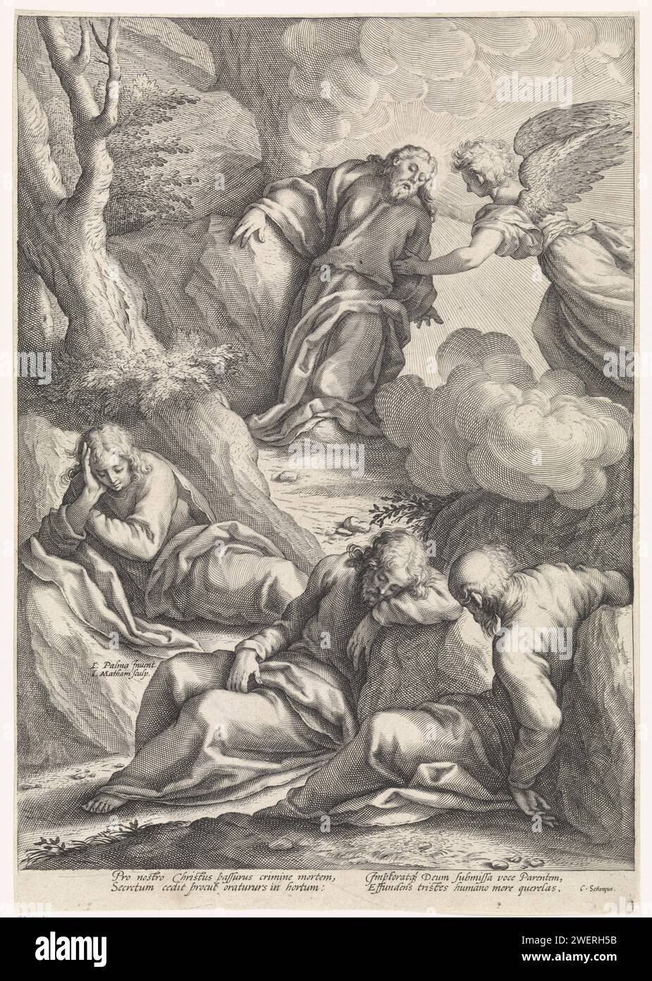 Christus im Hof van Getsemane, Jacob Matham, nach Jacopo Palma, 1594 - 1598 Druck Christus am Hof von Getsemane. Drei schlafende Apostel im Vordergrund. Dahinter steht Christus, der von einem Engel unterstützt wird. Papier, das Christi Gebet im Garten Getsemani während der Nacht graviert. Qual Christi: Um ihn zu trösten, erscheinen Christus ein oder mehrere Engel mit Kelch und/oder Kreuz Stockfoto Christus im Hof van Getsemane, Jacob Matham, nach Jacopo Palma, 1594 - 1598 Druck Christus am Hof von Getsemane. Drei schlafende Apostel im Vordergrund. Dahinter steht Christus, der von einem Engel unterstützt wird. Papier, das Christi Gebet im Garten Getsemani während der Nacht graviert. Qual Christi: Um ihn zu trösten, erscheinen Christus ein oder mehrere Engel mit Kelch und/oder Kreuz Stockfoto