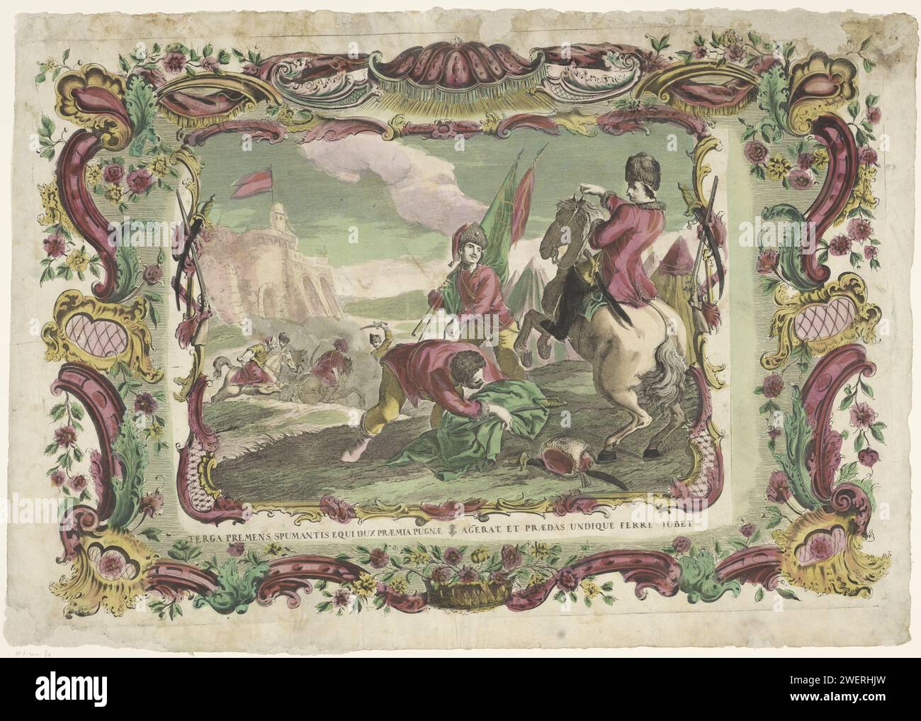 Soldaten im Kampf um ein Fort, Giovanni Volpato (möglich), 1700–1799 Druck vor einem Offizier auf dem Pferd und zwei Soldaten. Einer von ihnen nimmt eine Ausrüstung auf. Hinten links ein Fort, das gekämpft wird. Titel unter Anzeigen. Die Szene ist in einem Zierrand gefangen. Papiergravur / Gravur des Soldaten; das Leben des Soldaten. Kriegsführung; militärische Angelegenheiten (+ Kavallerie, Reiter). Ornamente  Kunst Stockfoto