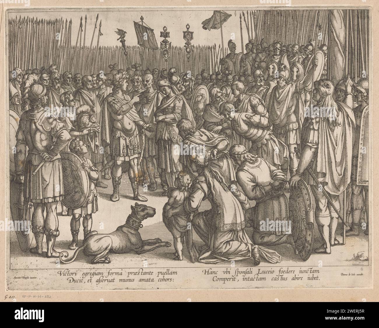 Rowry von scipio, Monogramm Miss ICG, nach Antonio Tempesta, ca. 1620 Druck Scipio Africanus ist von seinen Soldaten umgeben. Eine saubere Jungfrau wird für ihn gebracht. Scipio gibt die Jungfrau unverletzt an ihren Verlobten Allucius zurück. Neue lateinische Regeln in STUDMARGE. Papierätzung (Geschichte) P. Cornelius Scipio Africanus Major. Der Soldat, das Leben des Soldaten. Die Kontinenz von Scipio: Er stellt eine Gefangene Frau ihrem Bräutigam Allucius zurück, der vor ihm kniet; das Lösegeld, das die Eltern der Braut anbieten, wird Allucius als Hochzeitsgeschenk gegeben Stockfoto Rowry von scipio, Monogramm Miss ICG, nach Antonio Tempesta, ca. 1620 Druck Scipio Africanus ist von seinen Soldaten umgeben. Eine saubere Jungfrau wird für ihn gebracht. Scipio gibt die Jungfrau unverletzt an ihren Verlobten Allucius zurück. Neue lateinische Regeln in STUDMARGE. Papierätzung (Geschichte) P. Cornelius Scipio Africanus Major. Der Soldat, das Leben des Soldaten. Die Kontinenz von Scipio: Er stellt eine Gefangene Frau ihrem Bräutigam Allucius zurück, der vor ihm kniet; das Lösegeld, das die Eltern der Braut anbieten, wird Allucius als Hochzeitsgeschenk gegeben Stockfoto